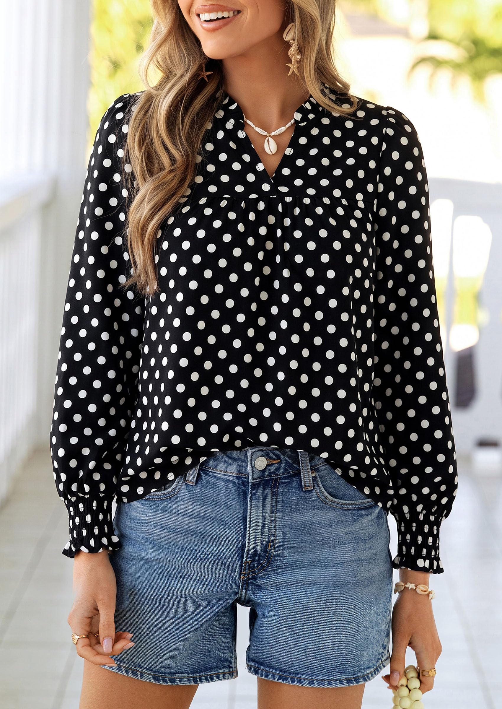 Women's Boho Floral Blouses Dressy Casual Polka Dot Black,S