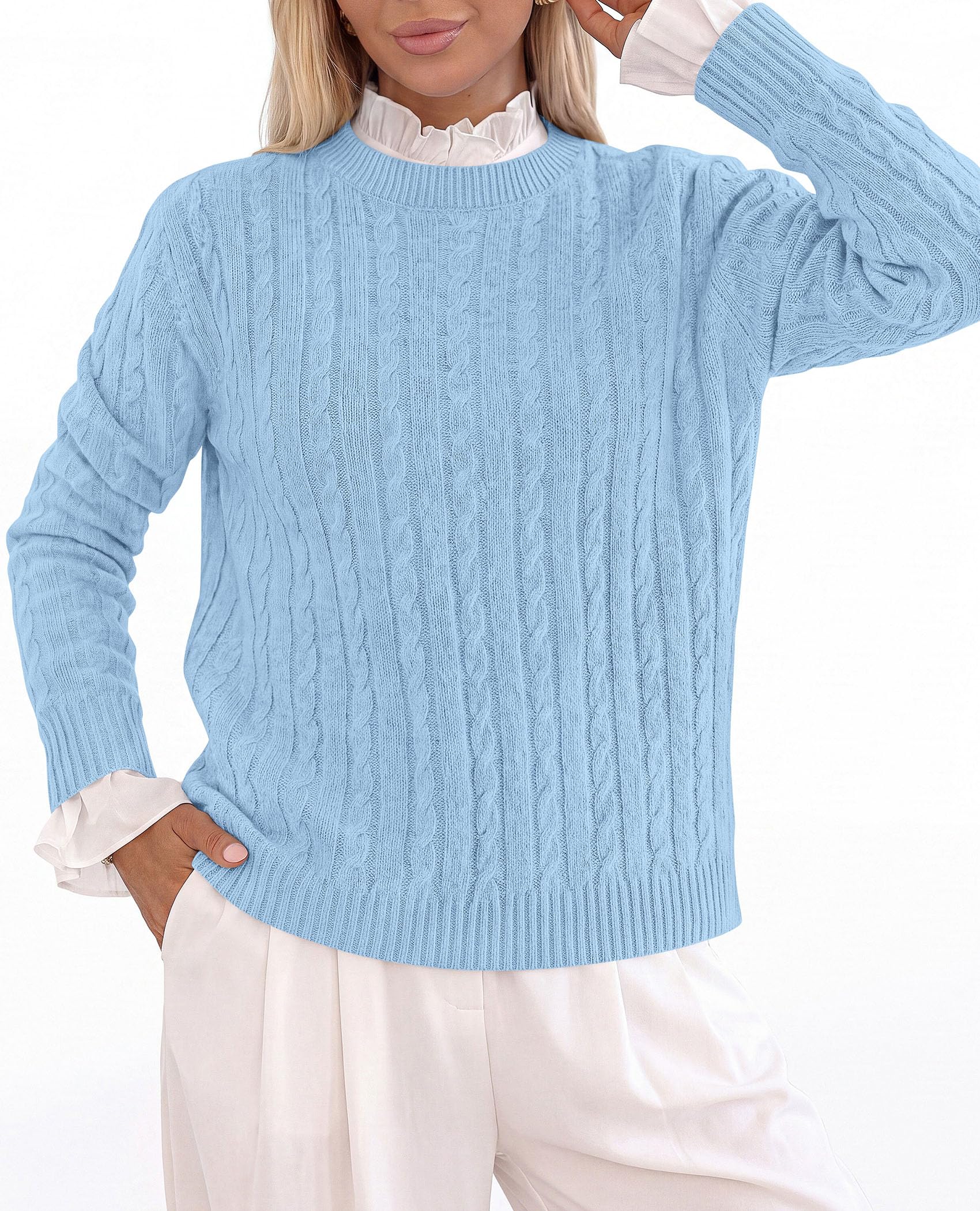 Womens Cable Knit Crewneck Fall Sweater Long Sleeve Tops 2026