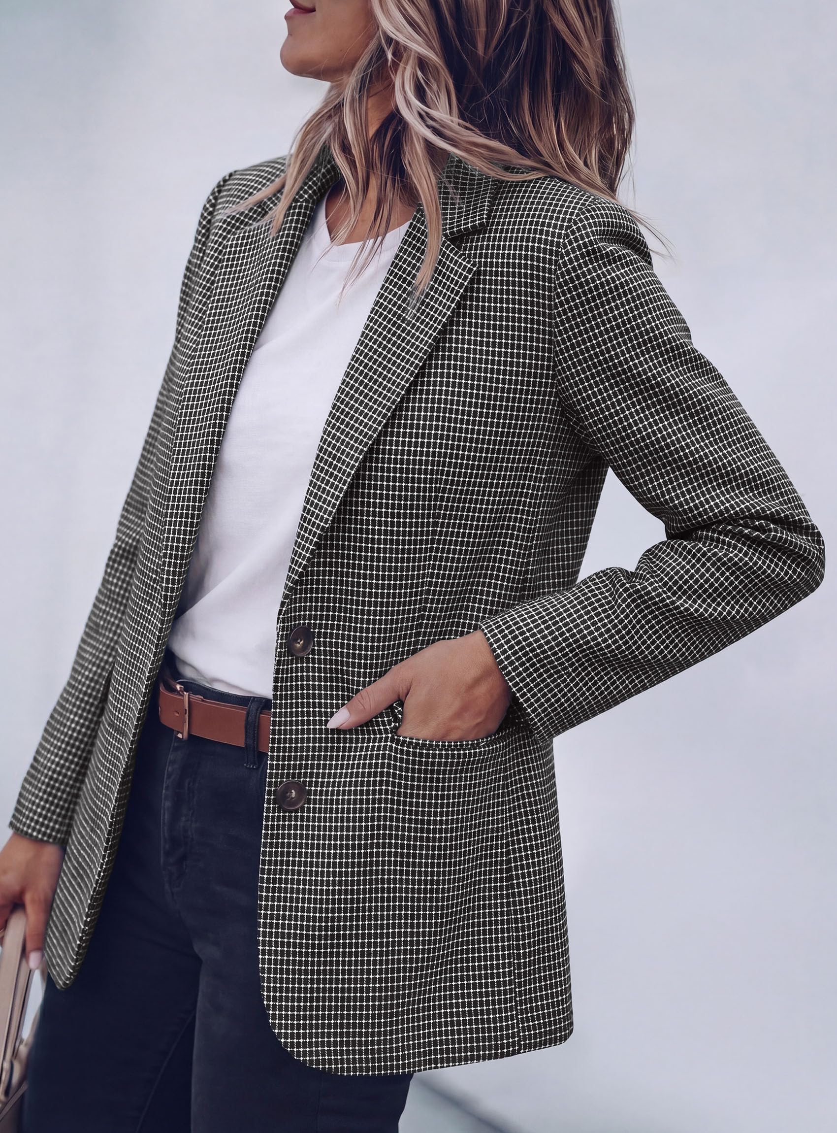 Fall Plaid Blazers for Women Business Casual Black S