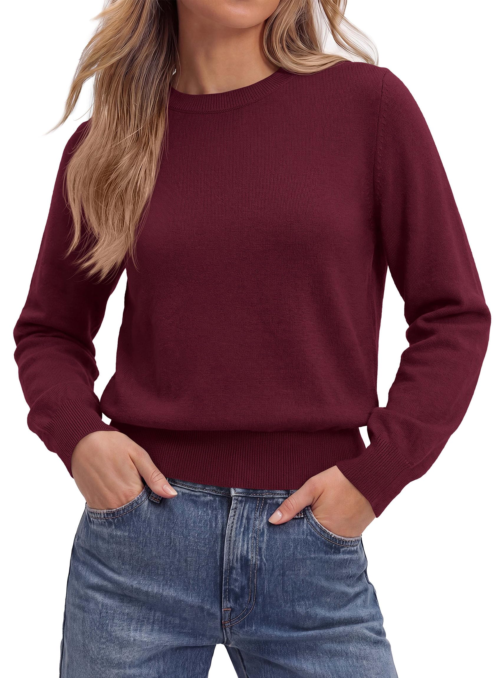 Women’s Long Sleeve Crew Neck Cropped Sweaters Wine Red,L