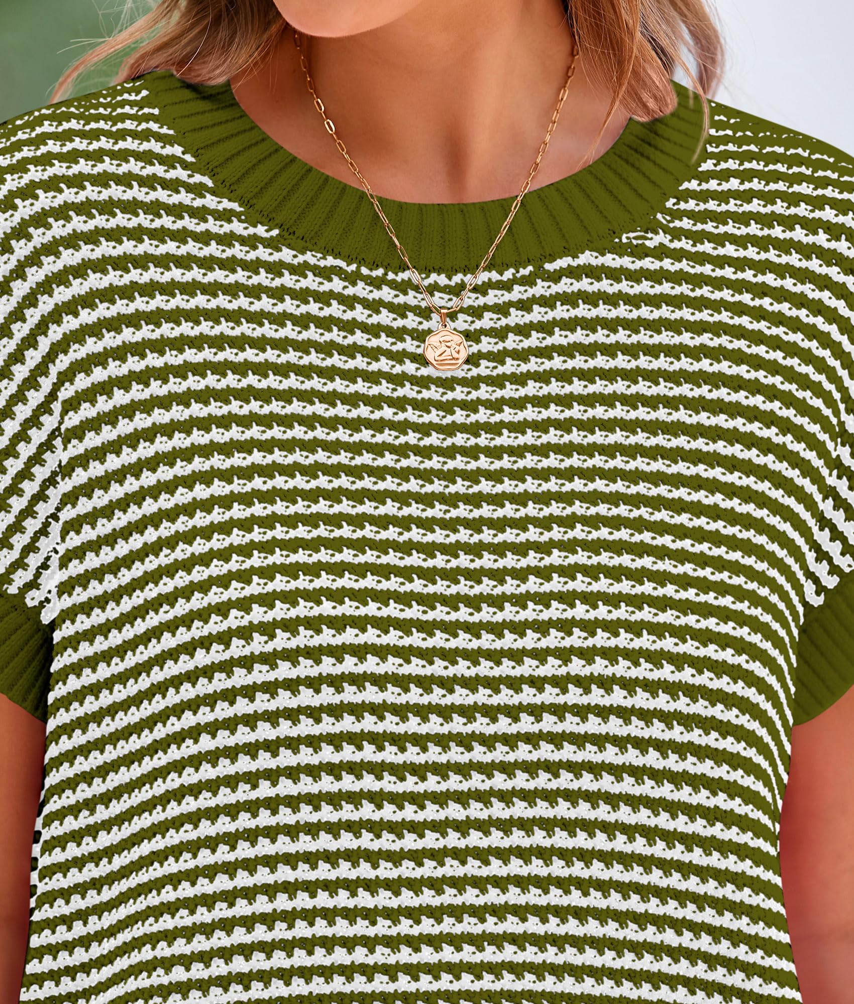 Women's Striped Short Sleeve Sweater Vest Army Green,S