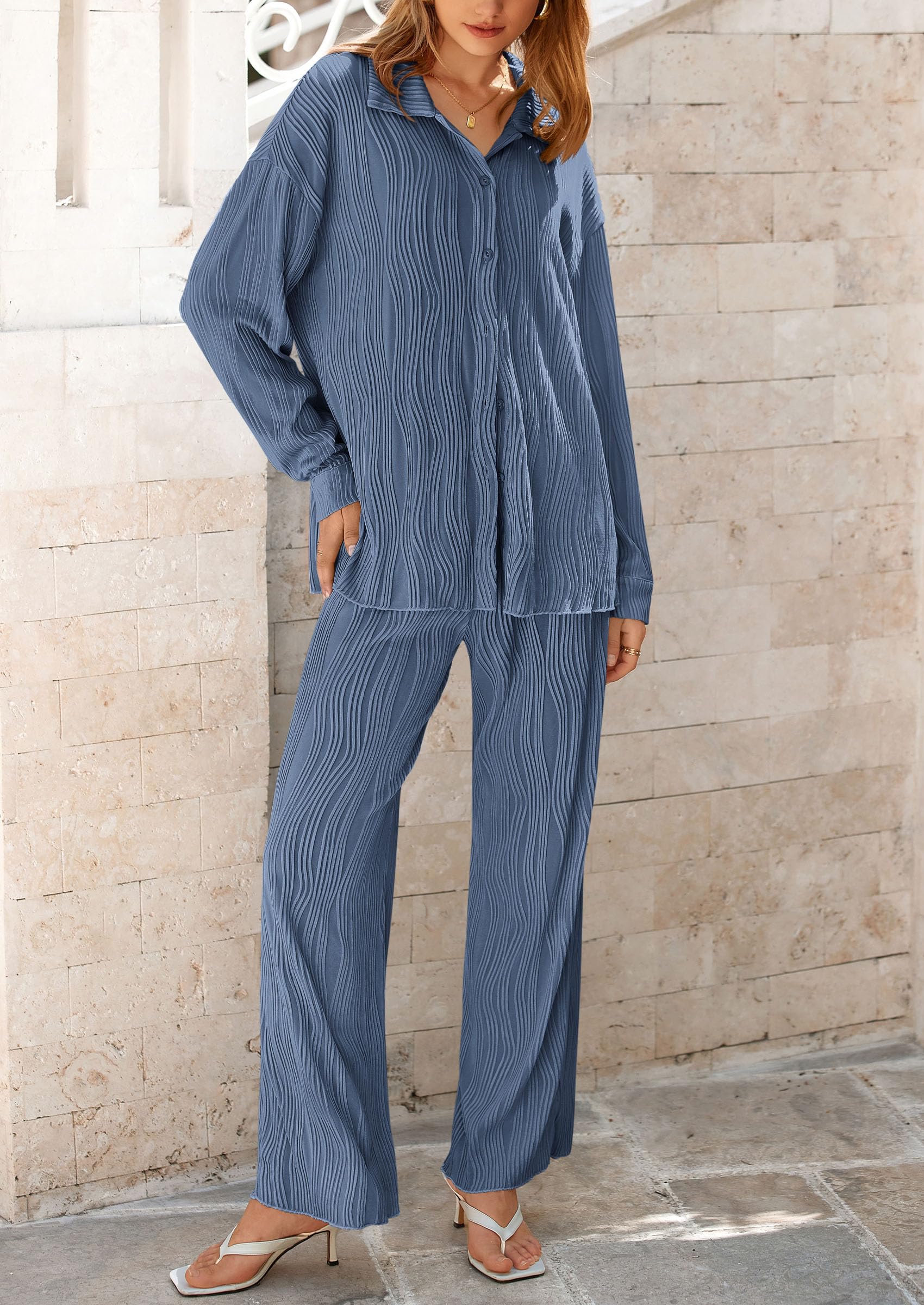 Womens 2 Piece Sets Button Down Lounge Tracksuit,Grey Blue,S
