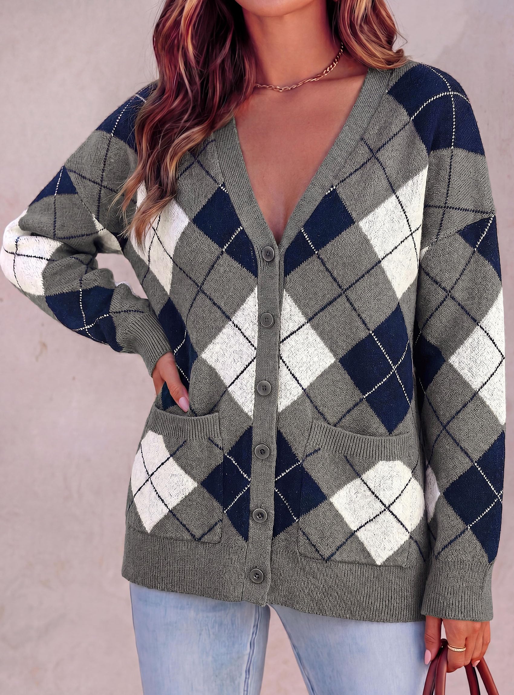 Women's Cardigan Argyle Winter Sweaters (Plaid Grey,L)