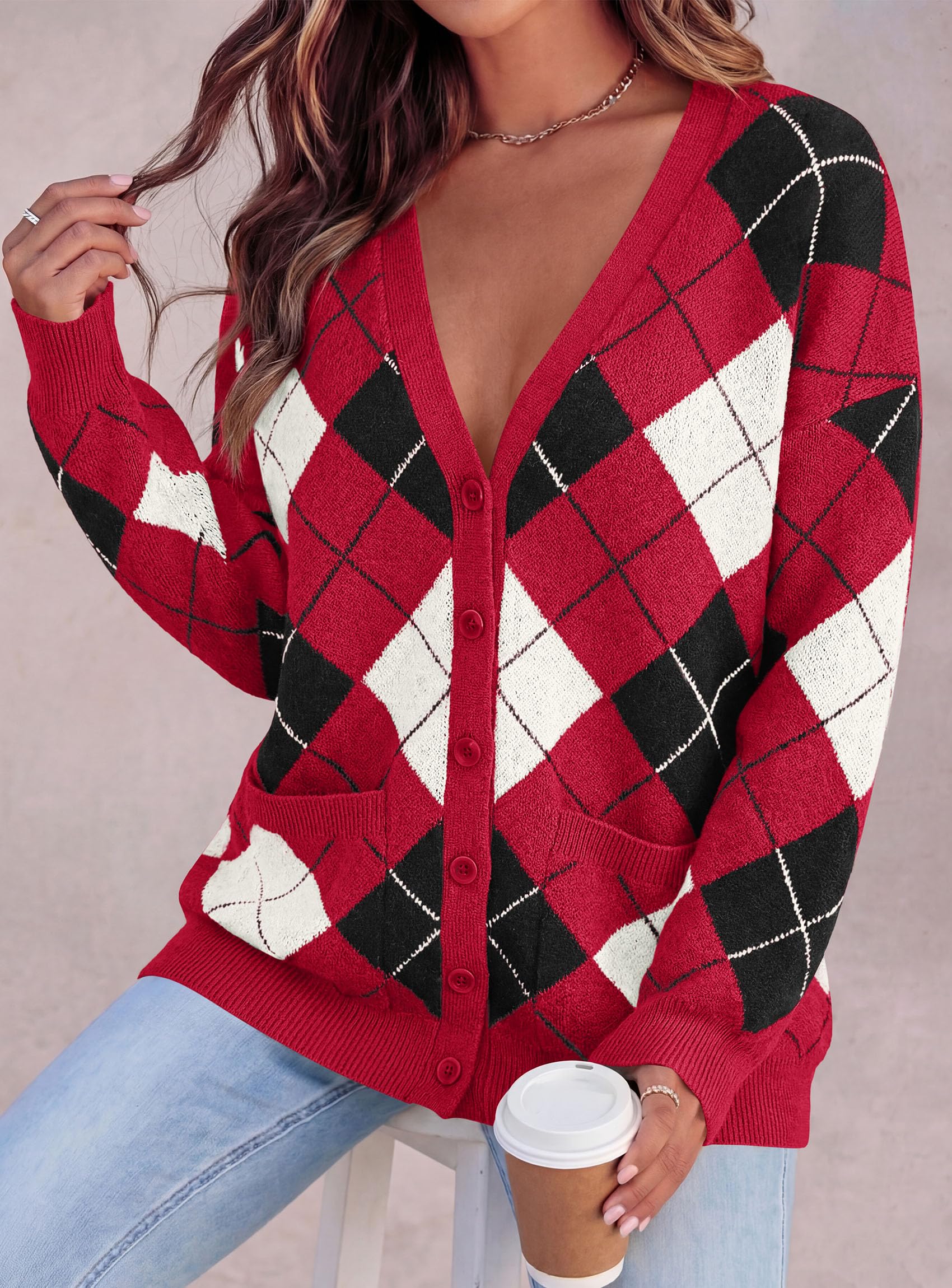 Women's Cardigan Argyle Winter Sweaters (Plaid Red,S)
