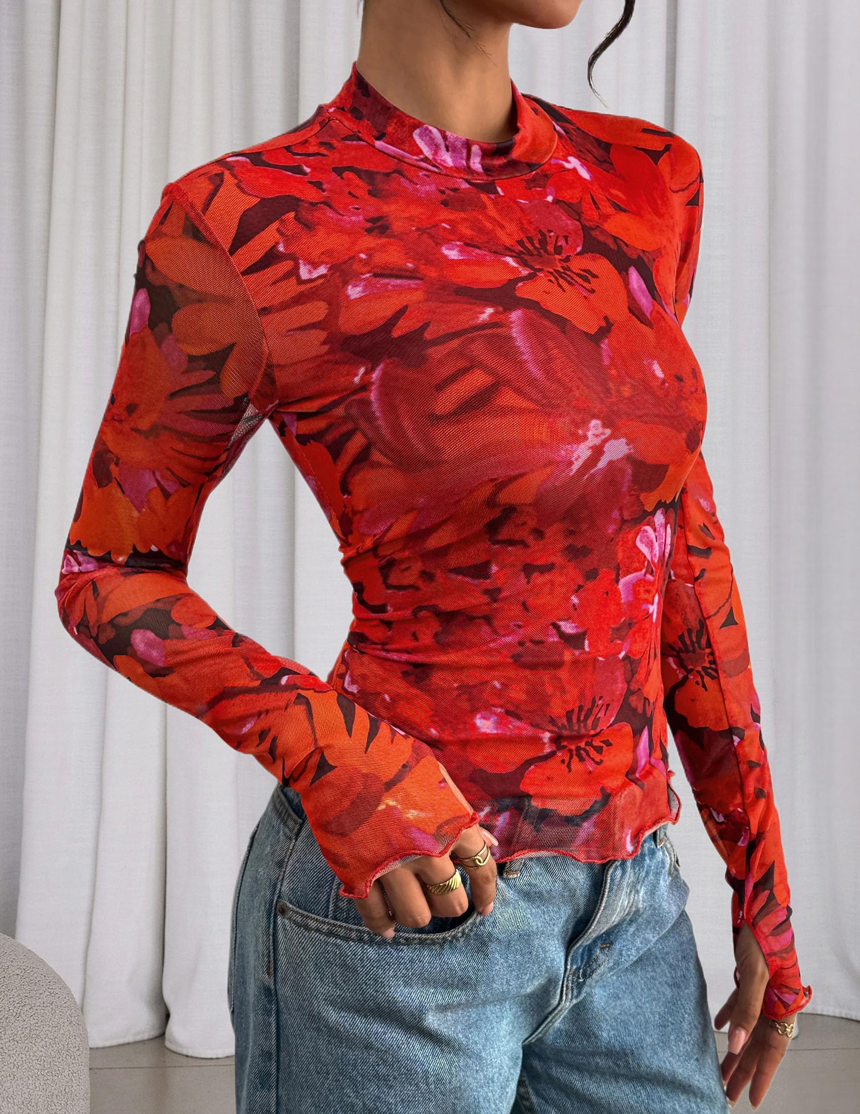 Womens Floral Mesh Long Sleeve Tops Fall Slim Fitted Shirts