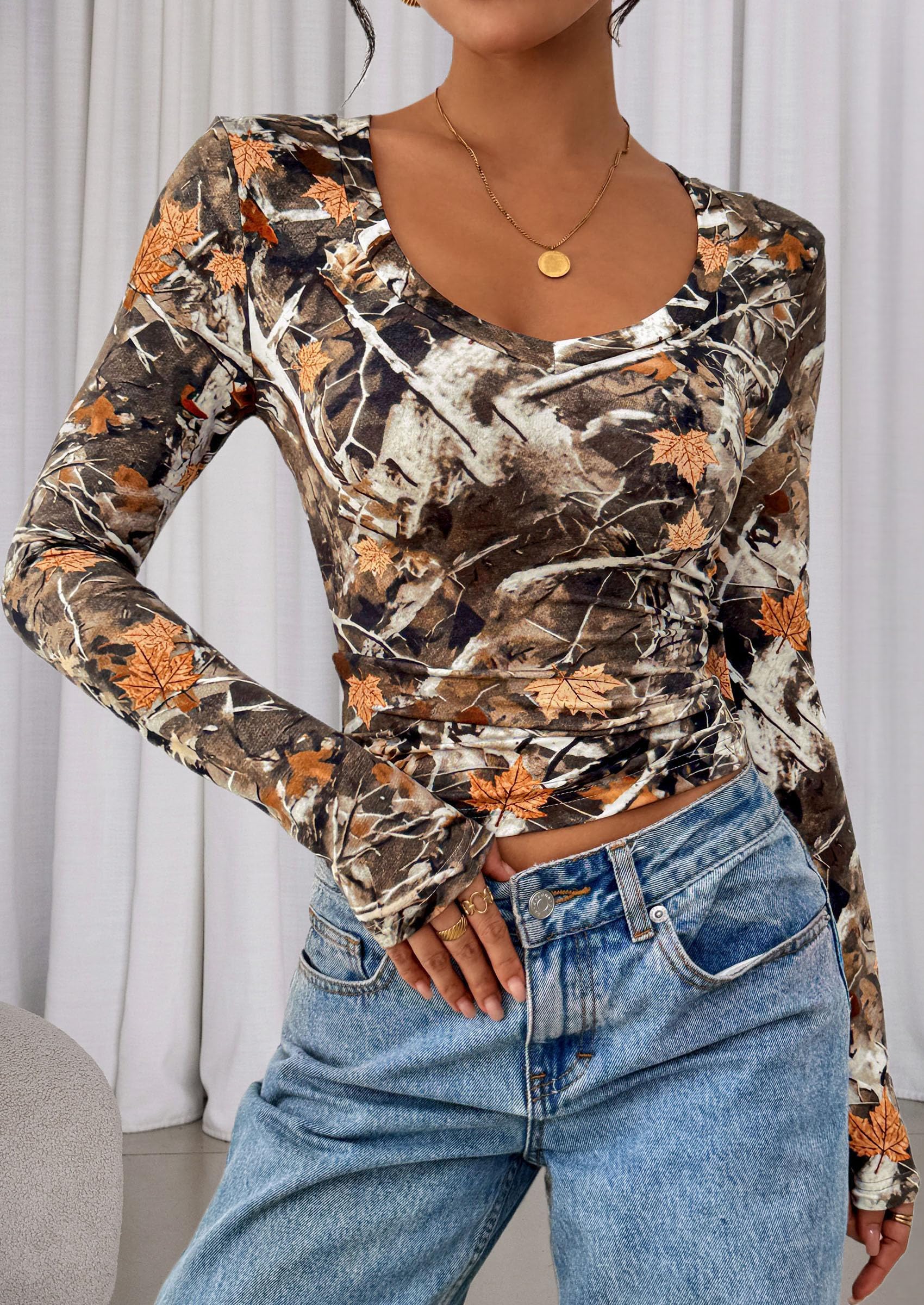 Womens Long Sleeve Slim Fit Crop Tops,Khaki Floral,XS
