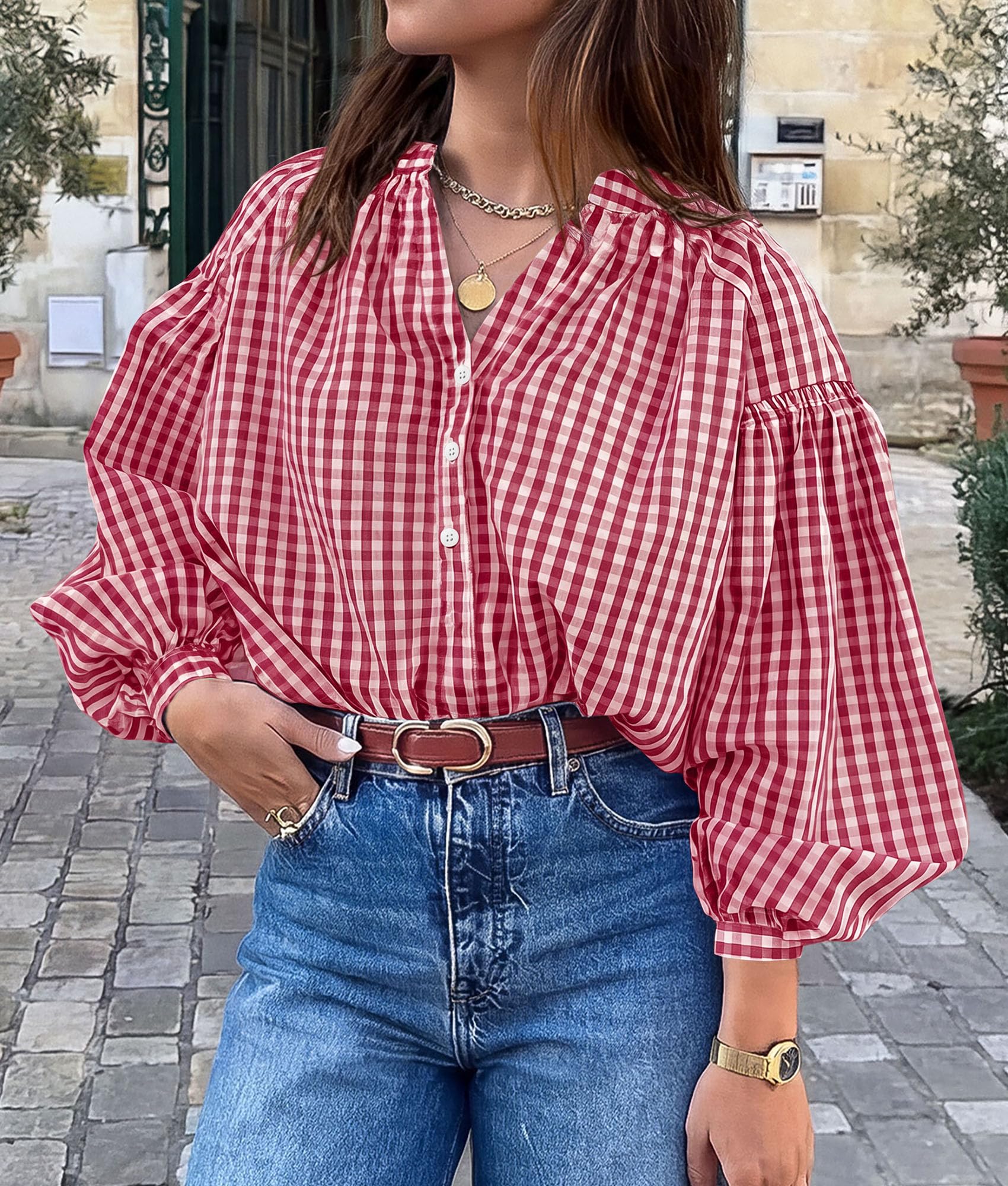 Women Fall Plaid Long Puff Sleeve Shirts V Neck Casual Blouses