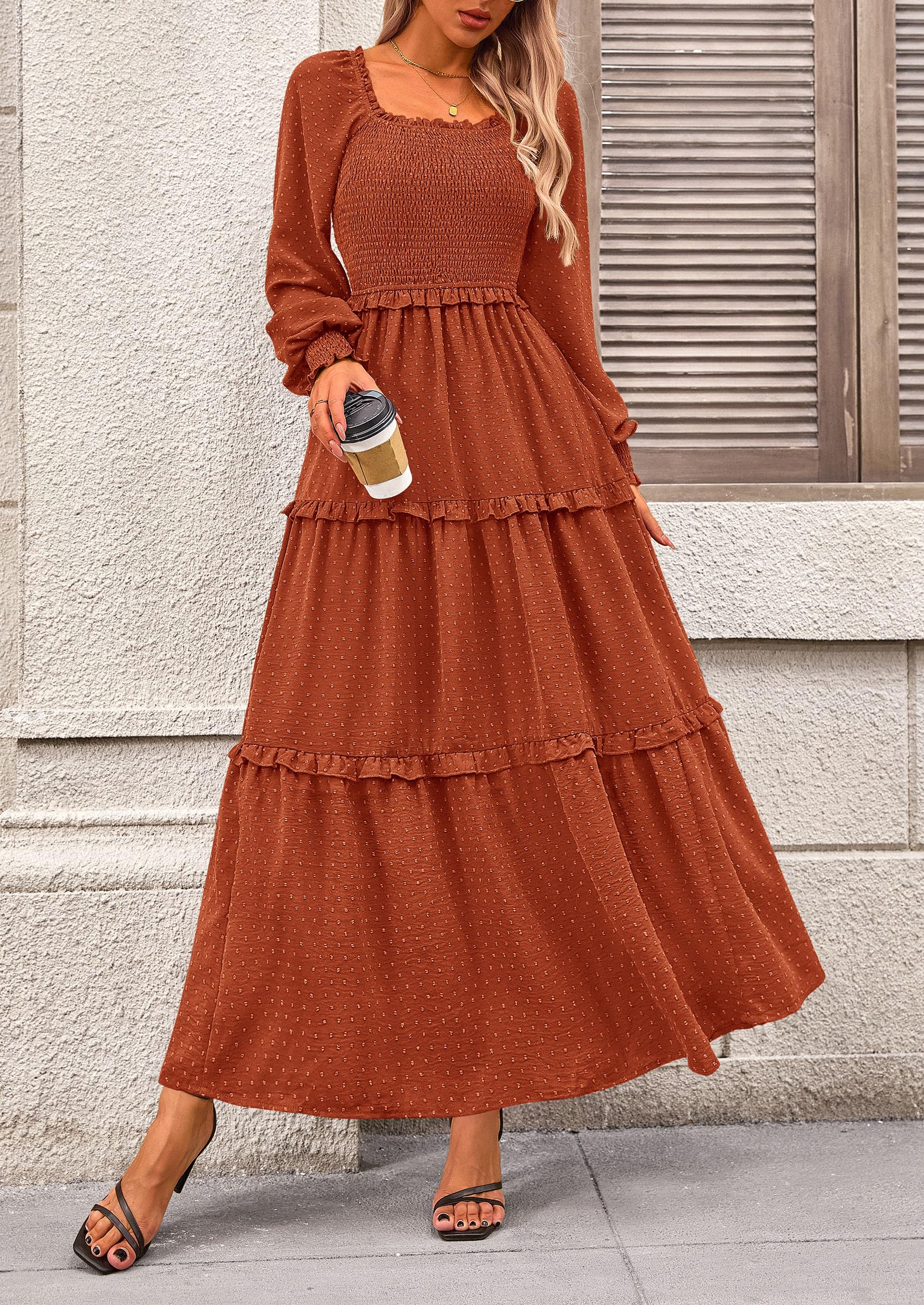 Women's Smocked Long Sleeve Maxi Dress Wedding Guest Dresses