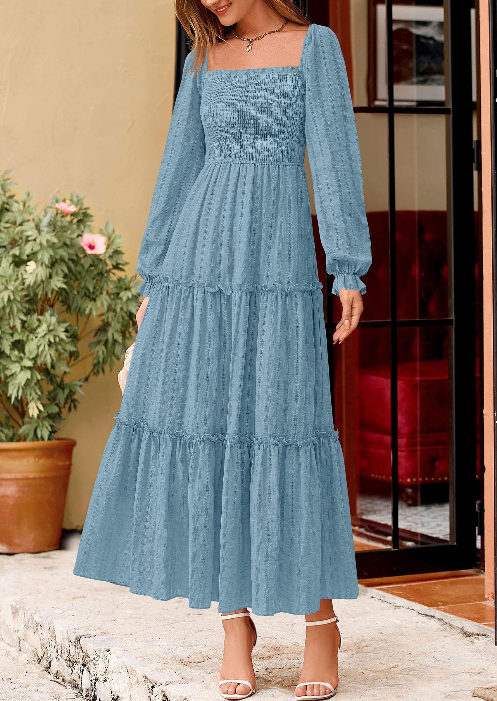 Women's Long Sleeve Ruffle Flowy Maxi Dress,Dusty Blue,S