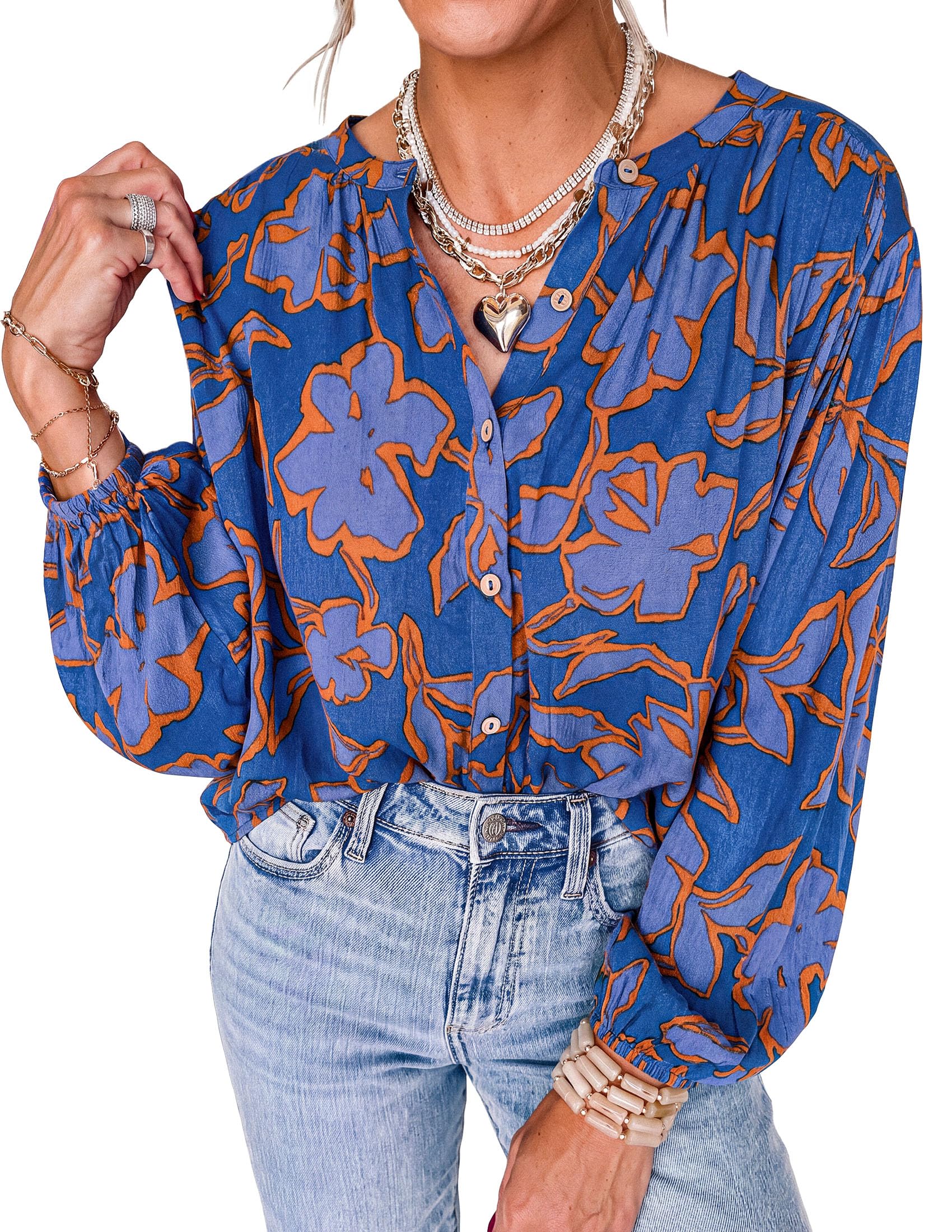 Women's Boho Tops Fall Long Sleeve Button Down Floral Blouses
