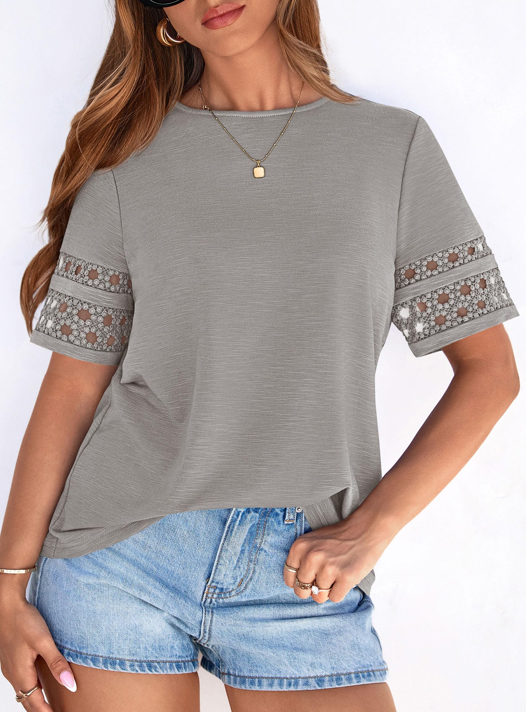 Women's Summer Short Sleeve Lace Trim T-Shirts,Grey,S