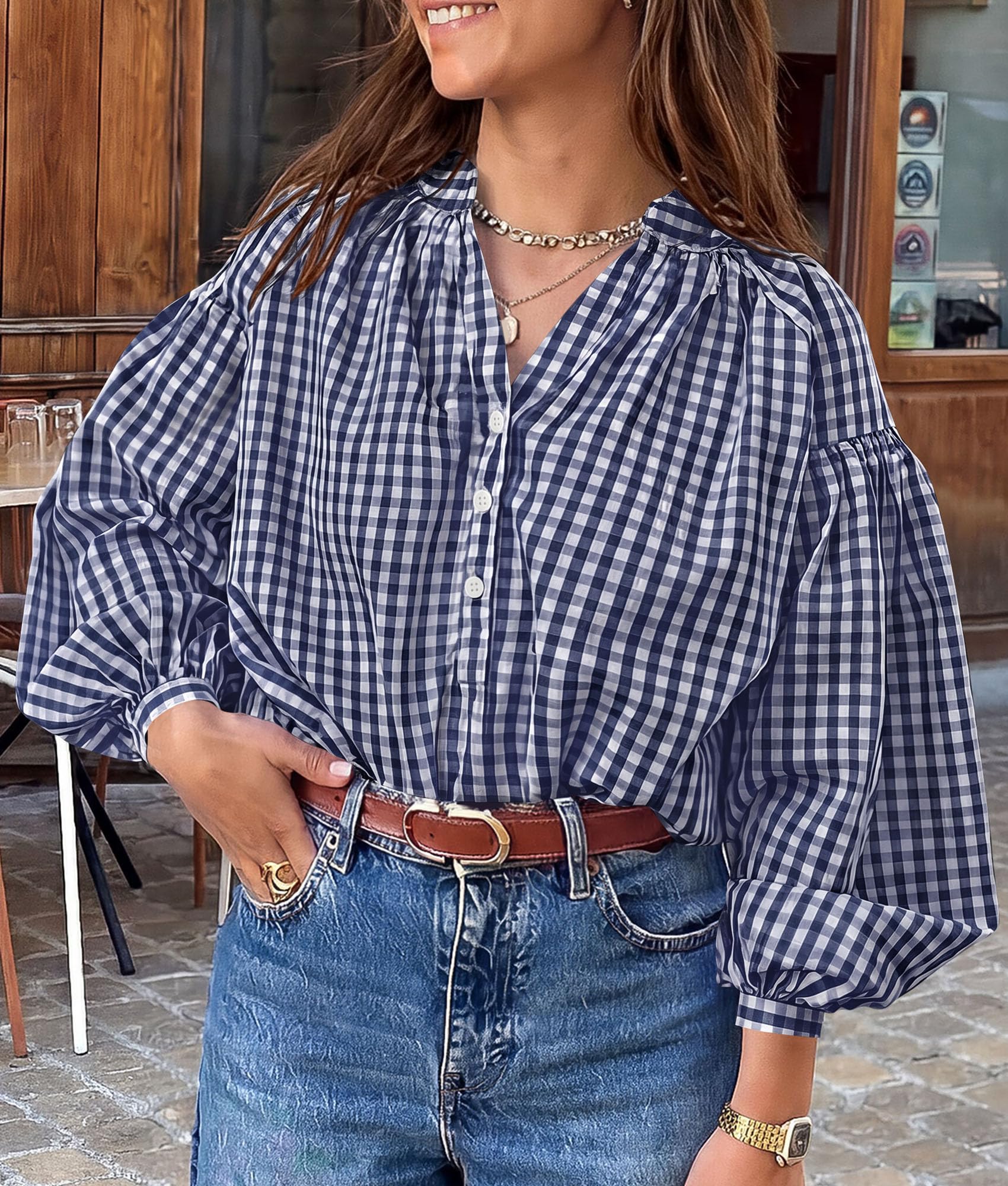 Women Fall Plaid Long Puff Sleeve Shirts V Neck Casual Blouses