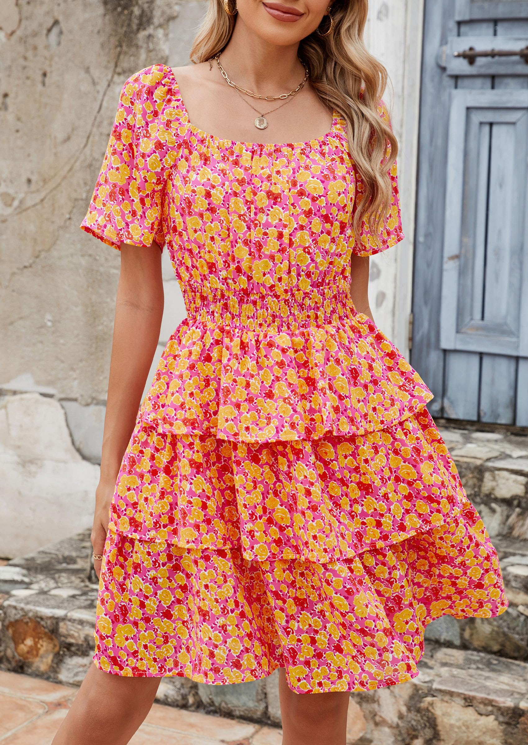 Women's Summer Floral Ruffle Short Dress Rose Red Floral,S