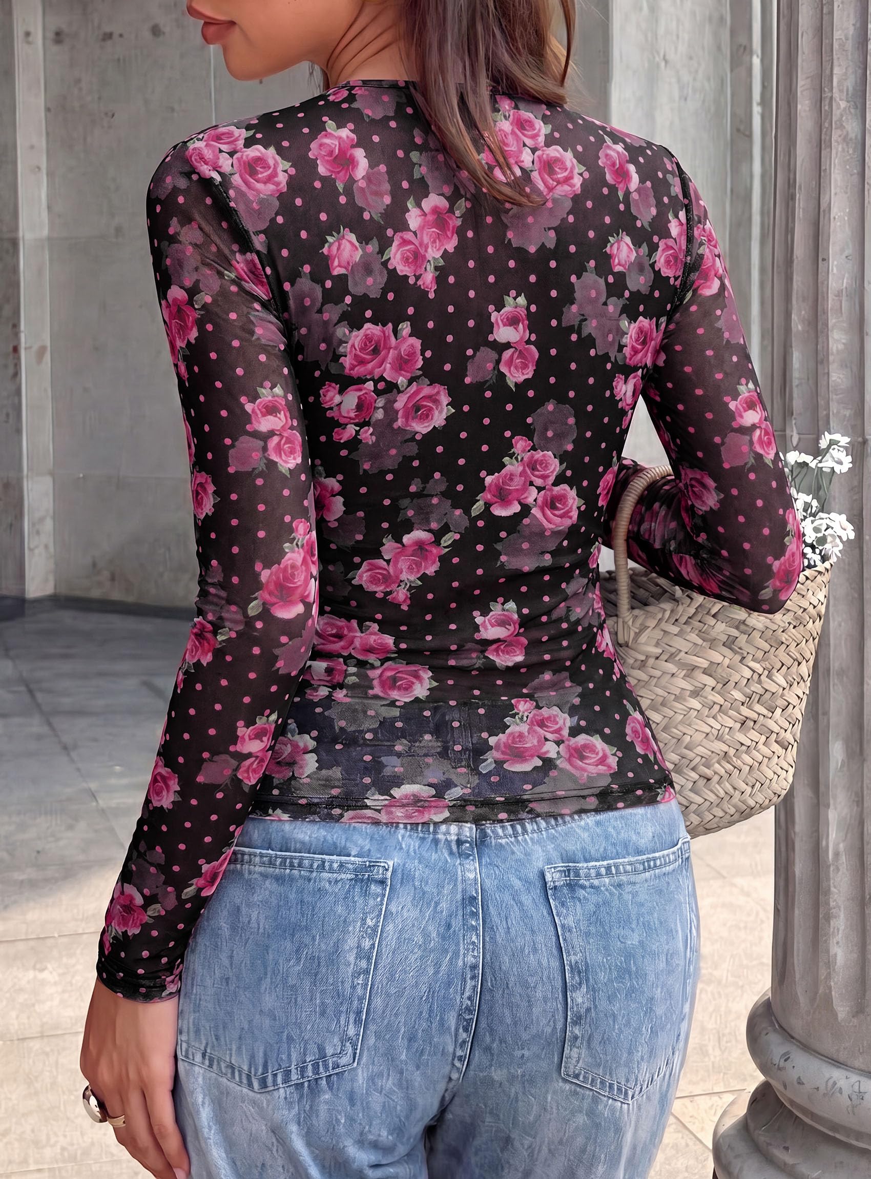 Womens Mesh Wrap Dressy Top Floral V Neck Long Sleeve Shirts