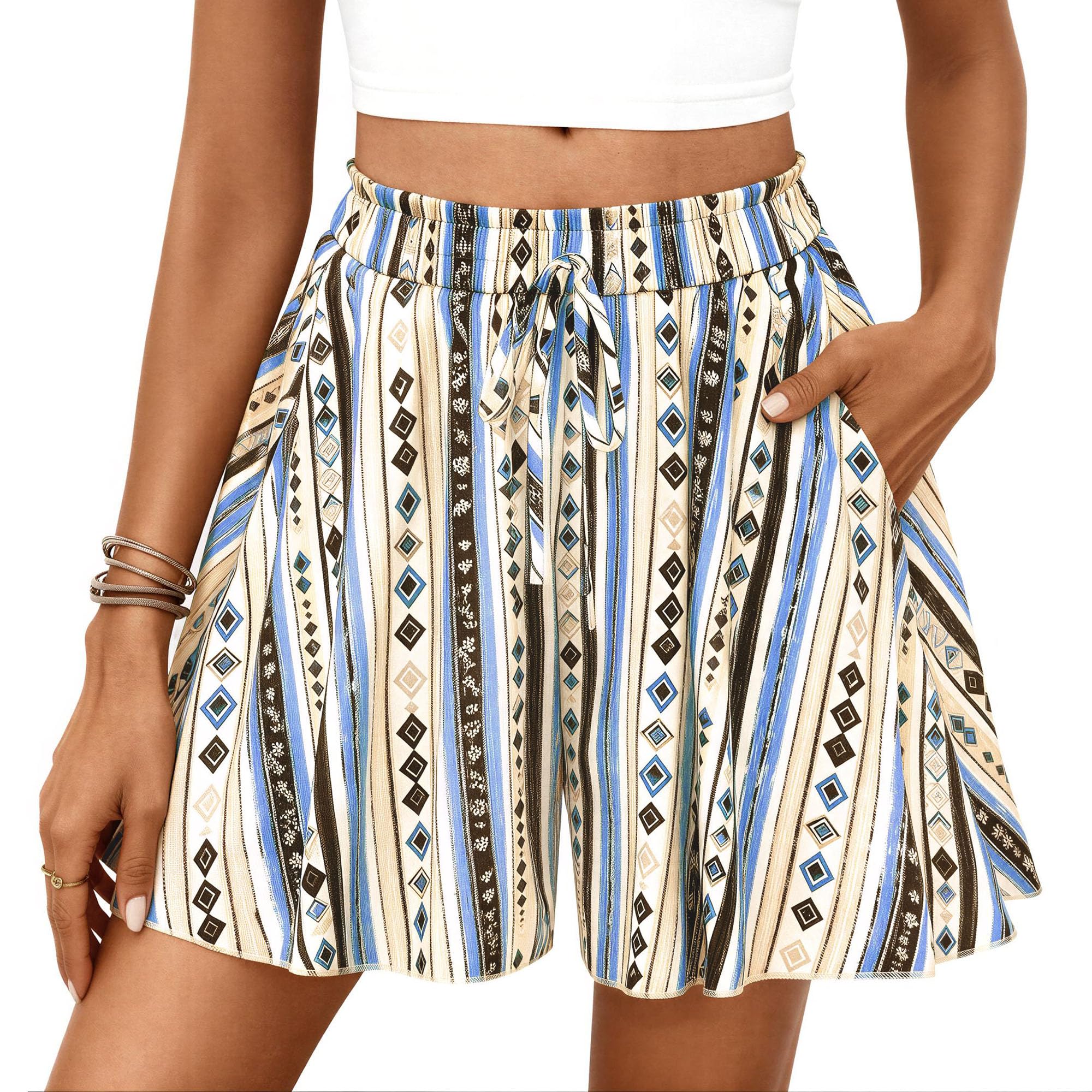 Women's Summer Wide Leg Flowy Shorts,Print Blue Apricot,S