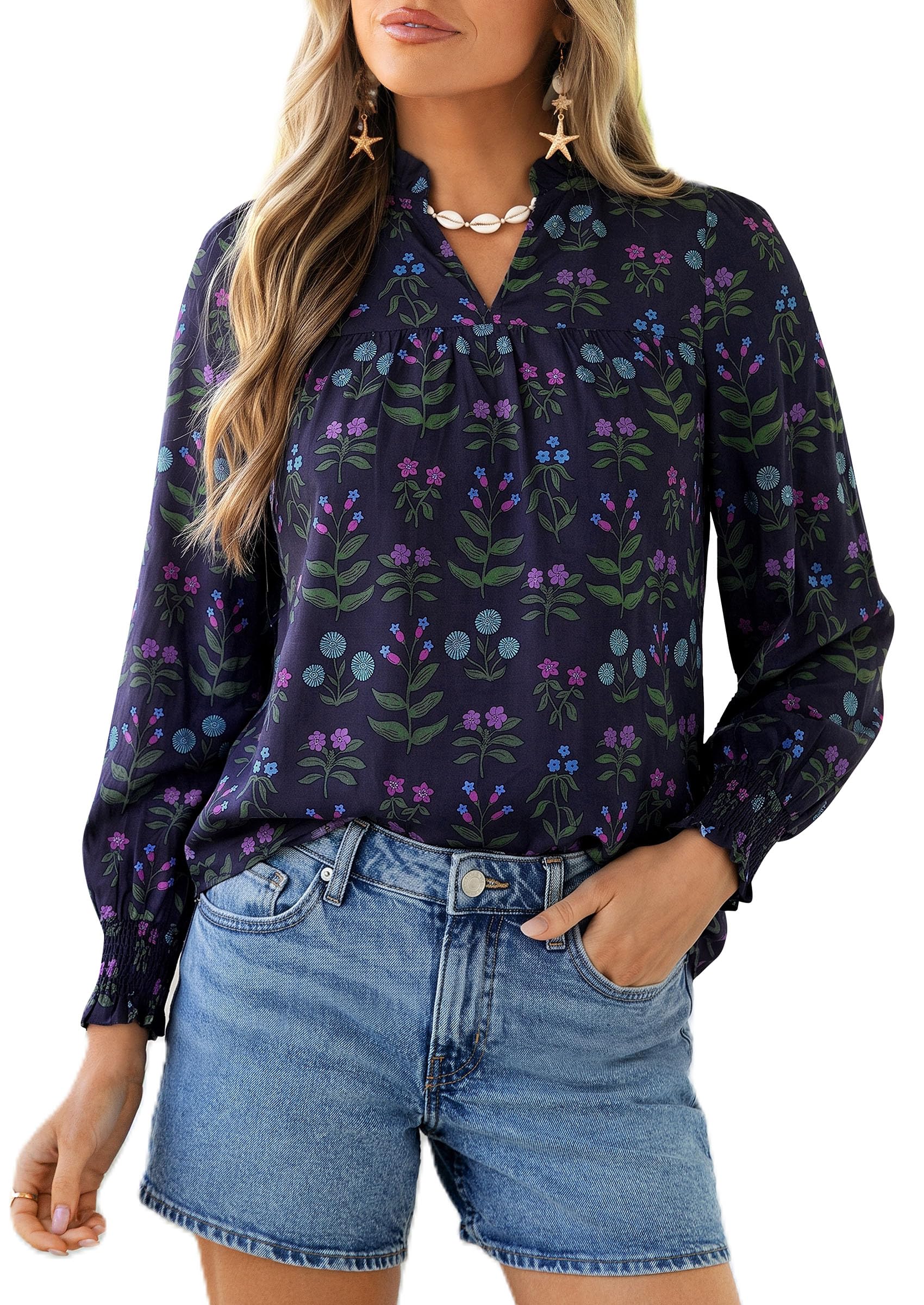 Women's Boho Floral Blouses Dressy Casual Navy Blue,XL