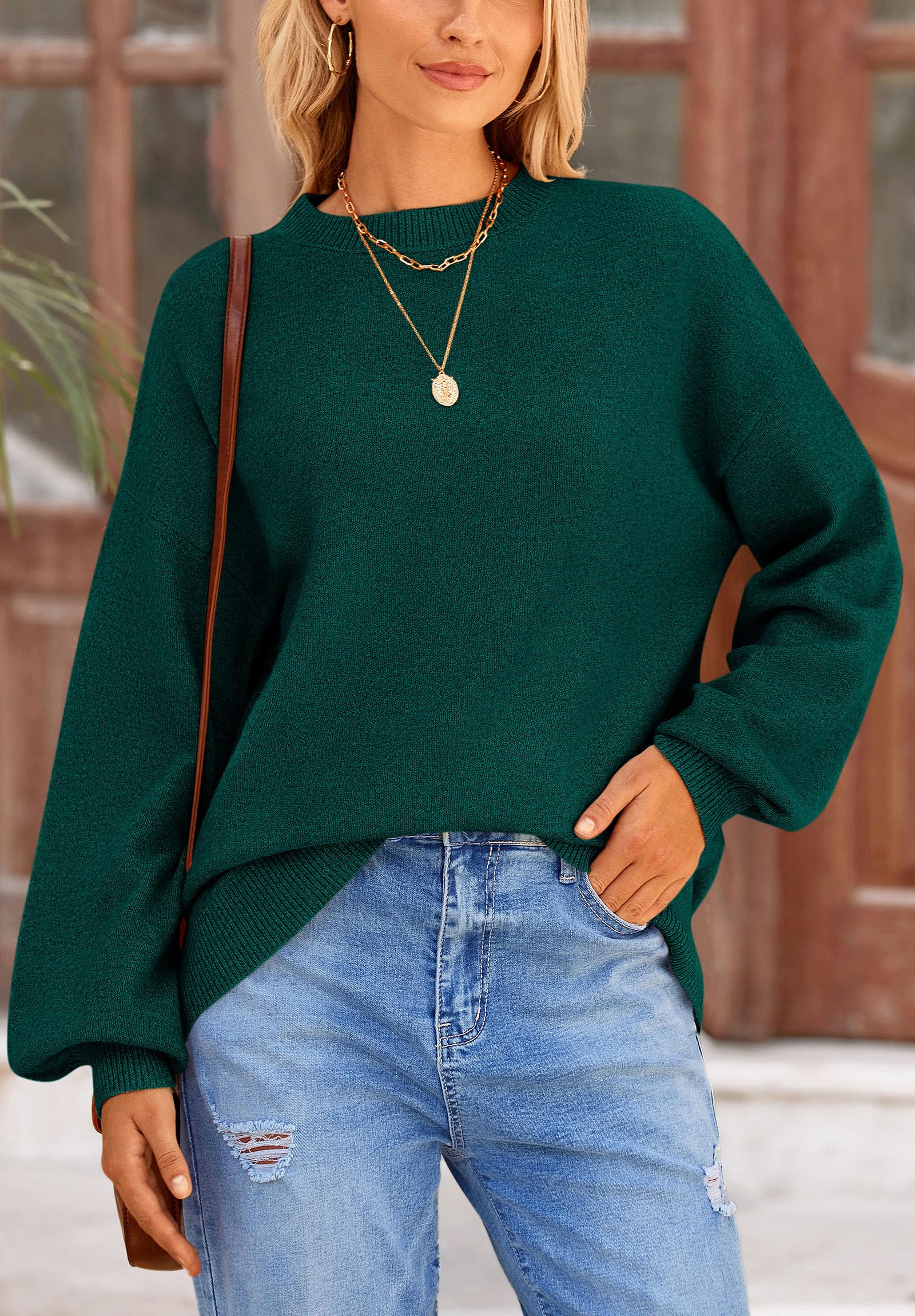 Women's Fall Sweaters Crewneck Long Sleeve Tops,Dark Green,S