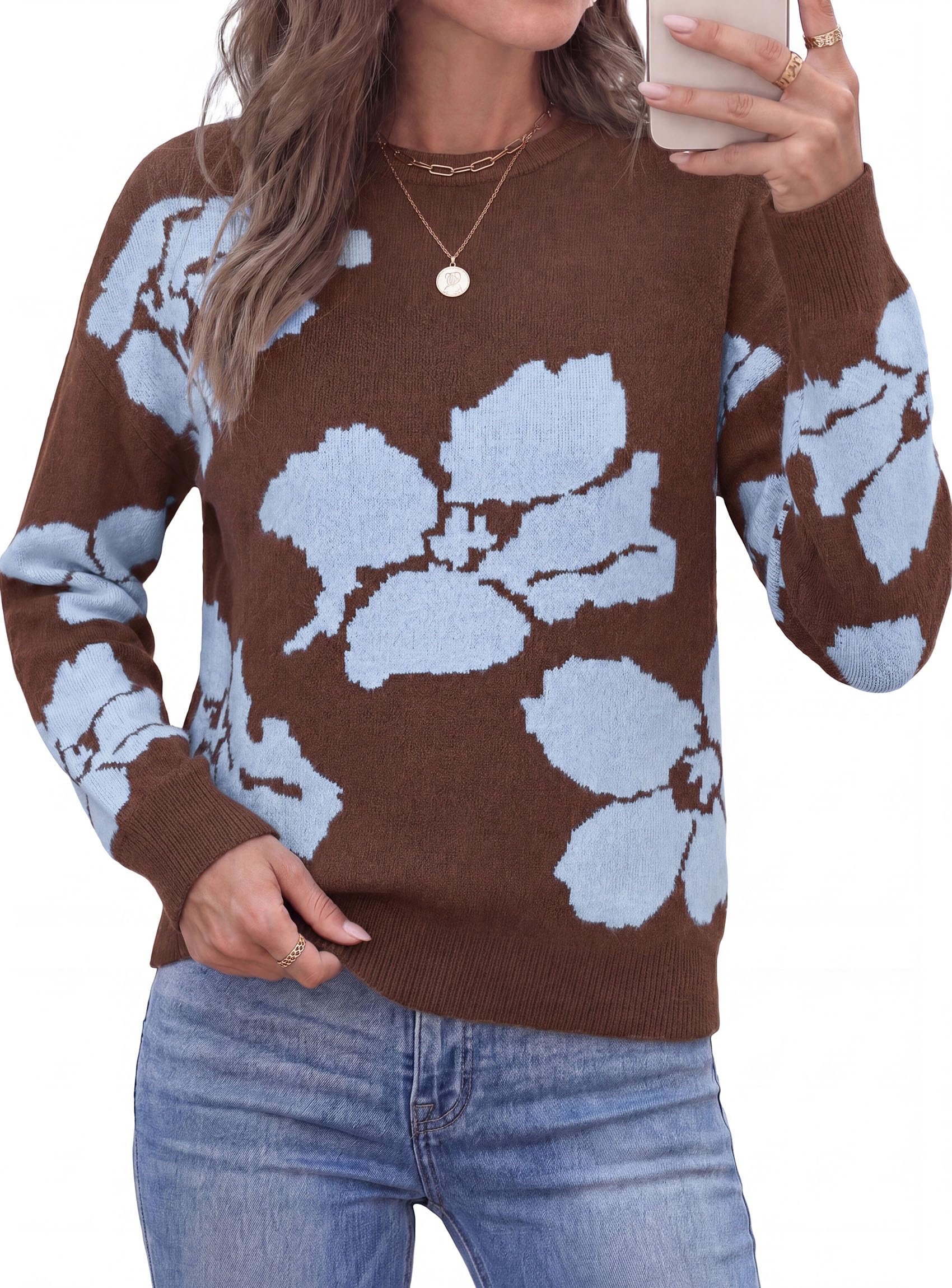 Womens Floral Sweater Crewneck Printed Pullover Tops Brown