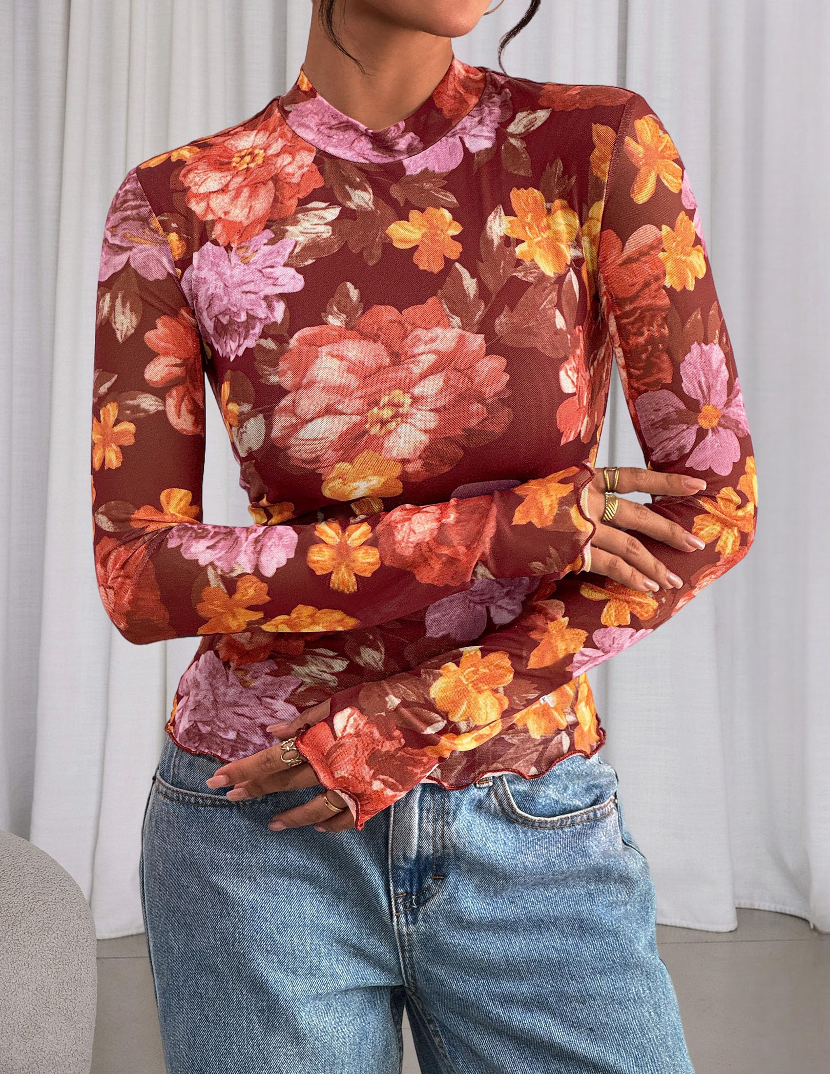 Womens Floral Mesh Long Sleeve Tops Fall Slim Fitted Shirts