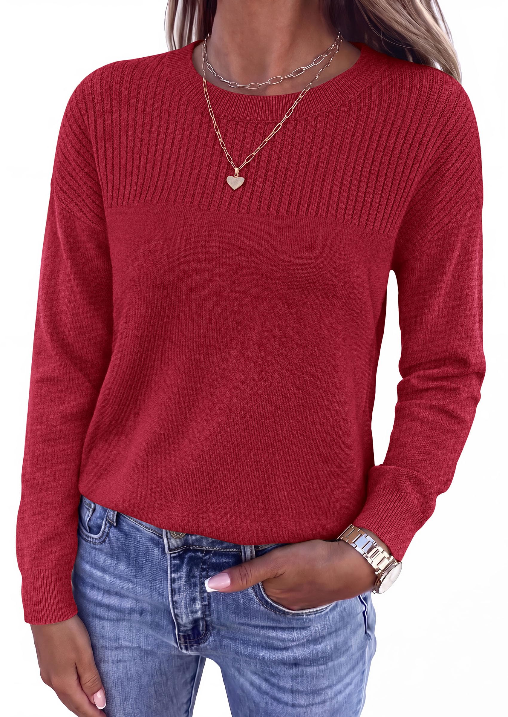 Sweaters for Women Fall Crewneck Knit Cropped Sweater Burgundy