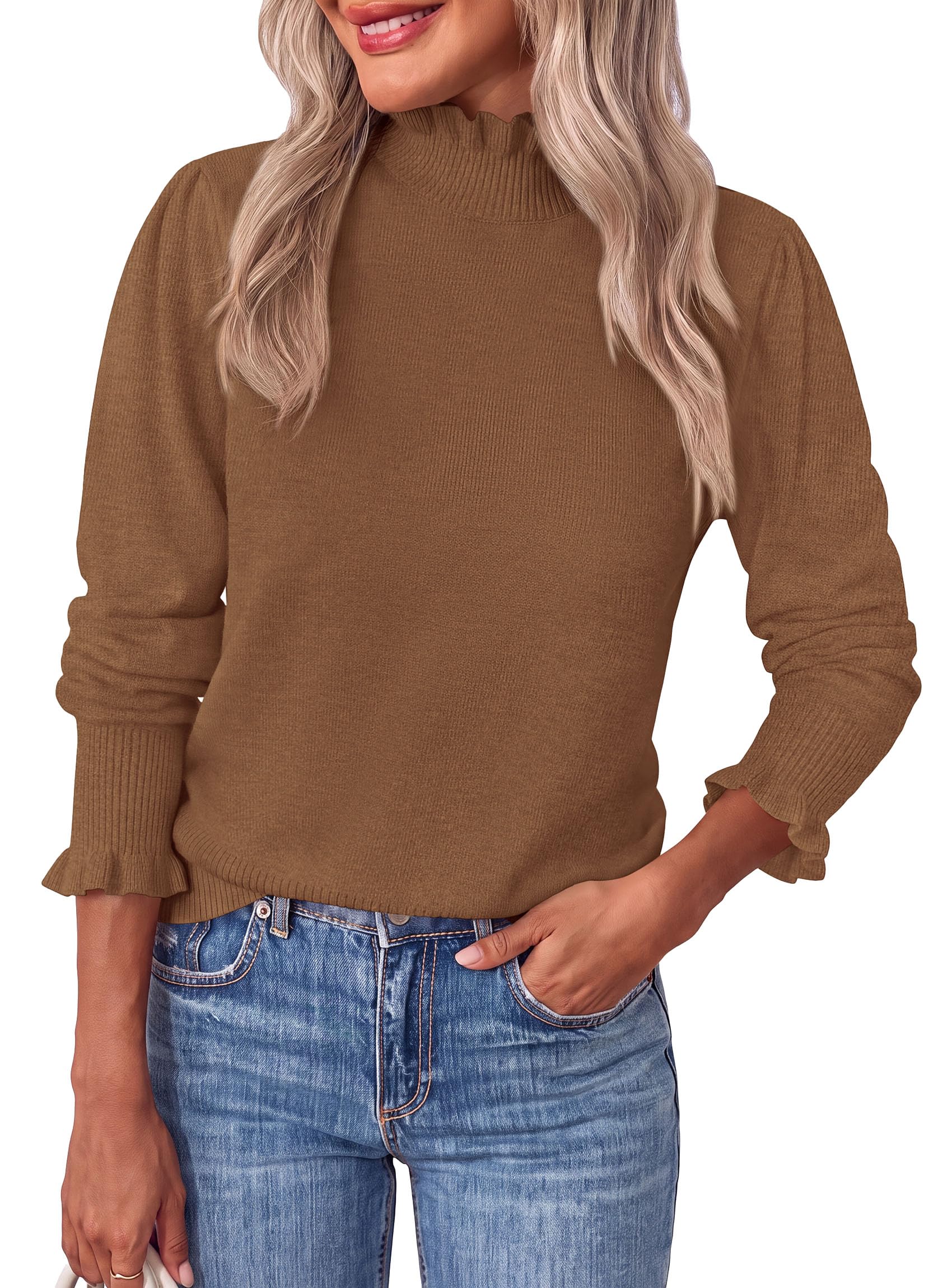 Women's Fall Cozy Sweaters Trendy Ruffle Mock Neck Pullover