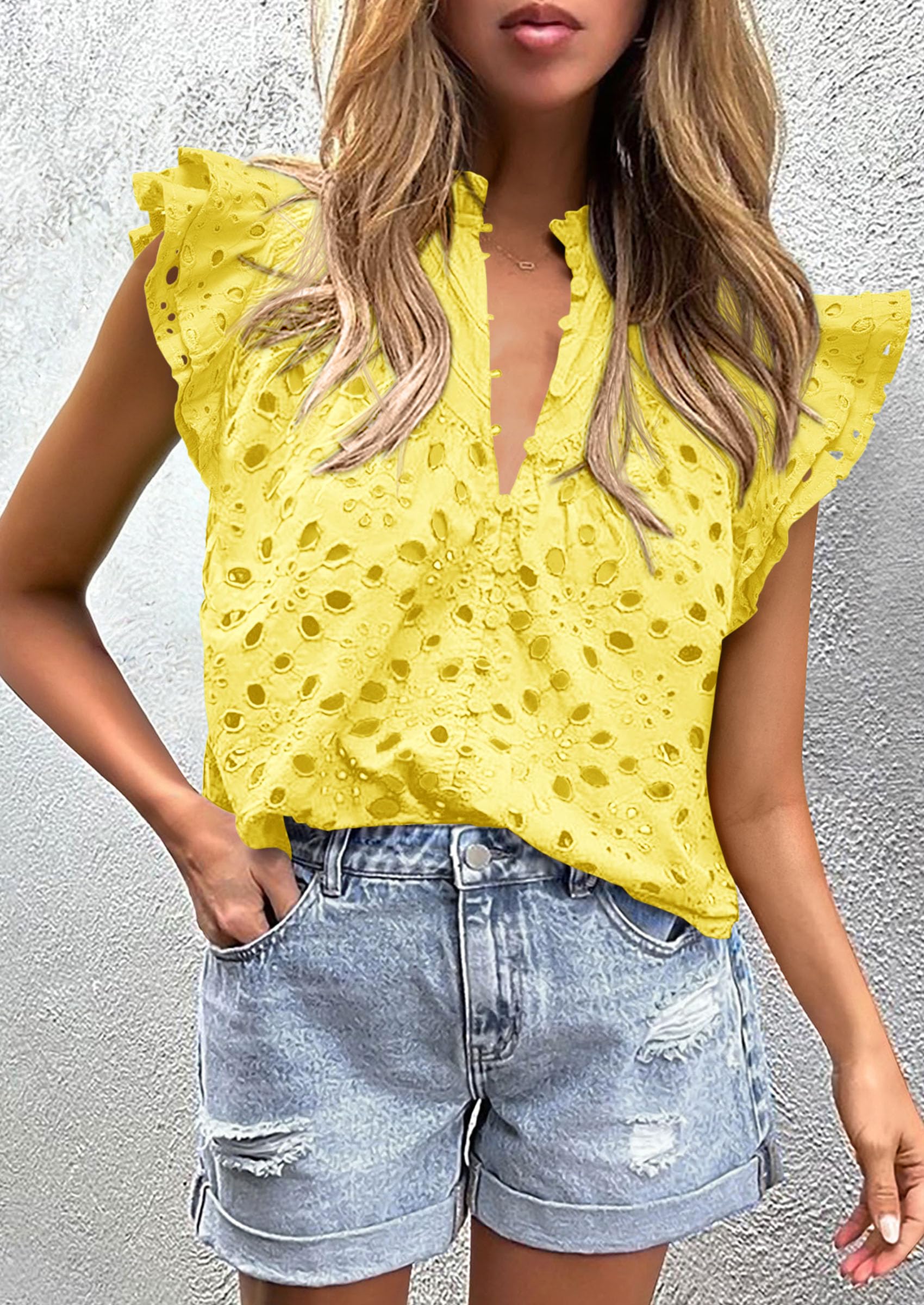 Women's Eyelet V Neck Summer Tops Dressy Casual Yellow,S