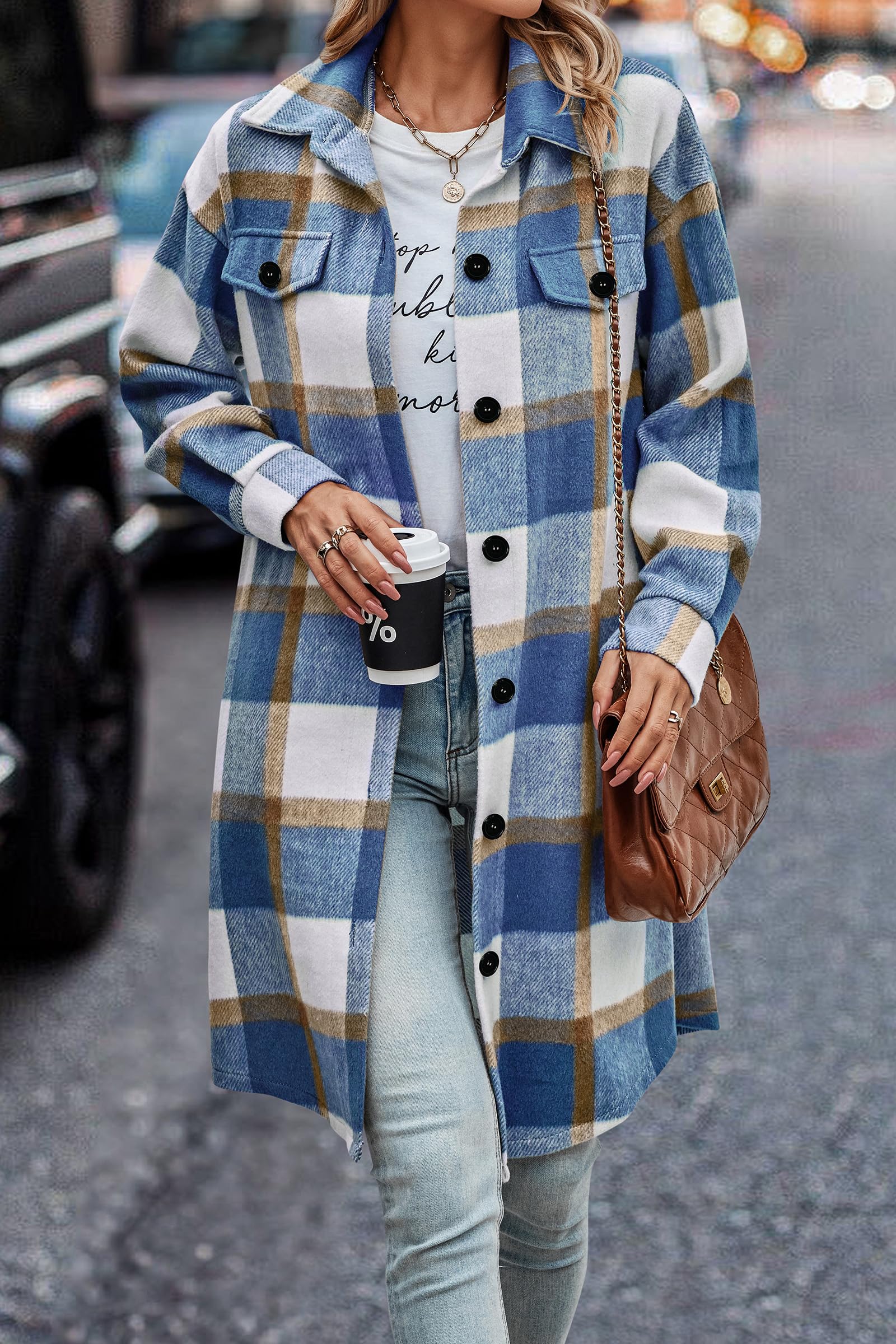 Womens Plaid Shacket Jacket Flannel Shirts,Plaid Blue White,S