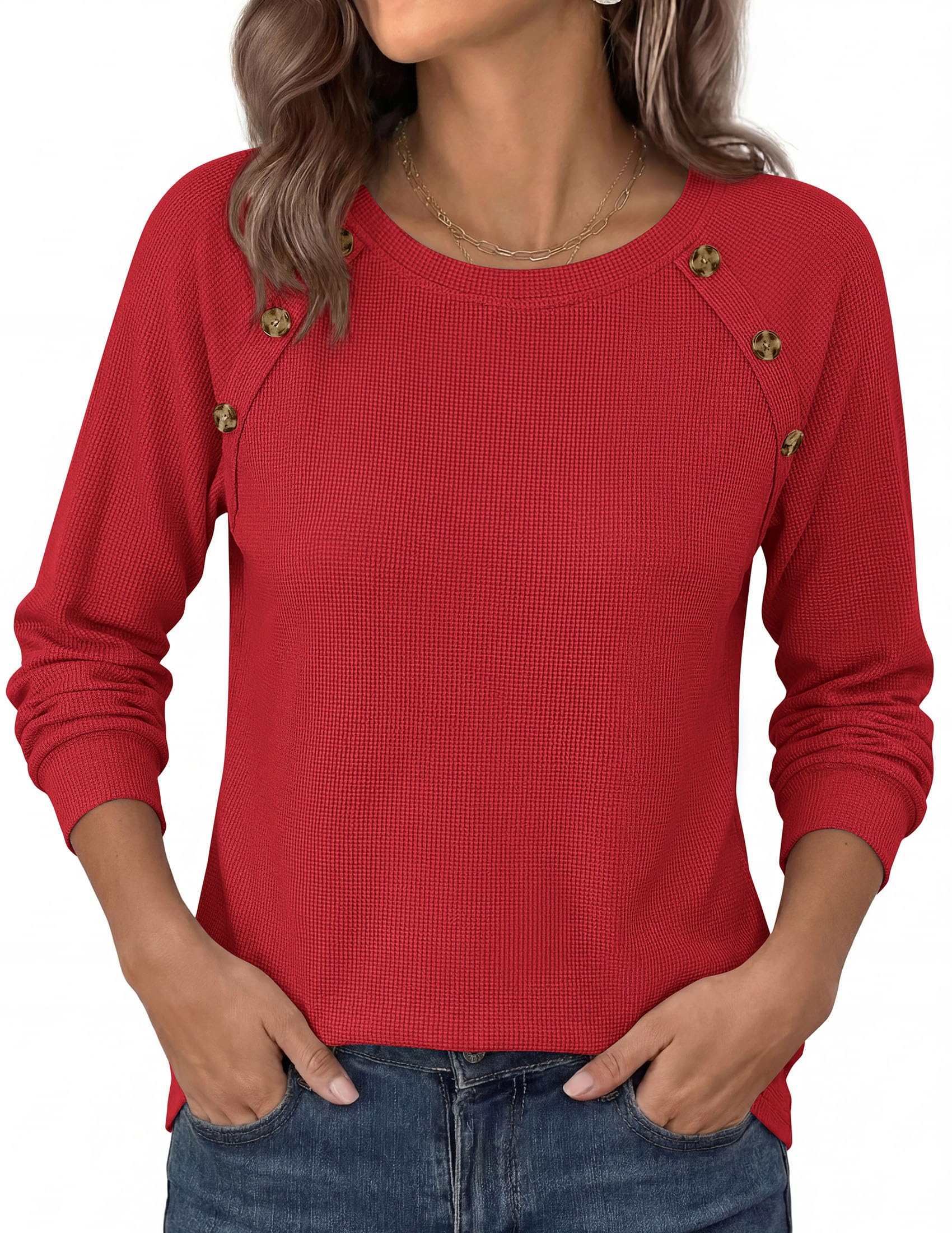 Fall Long Sleeve Waffle Knit Shirts for Women Loose Tunic Tops