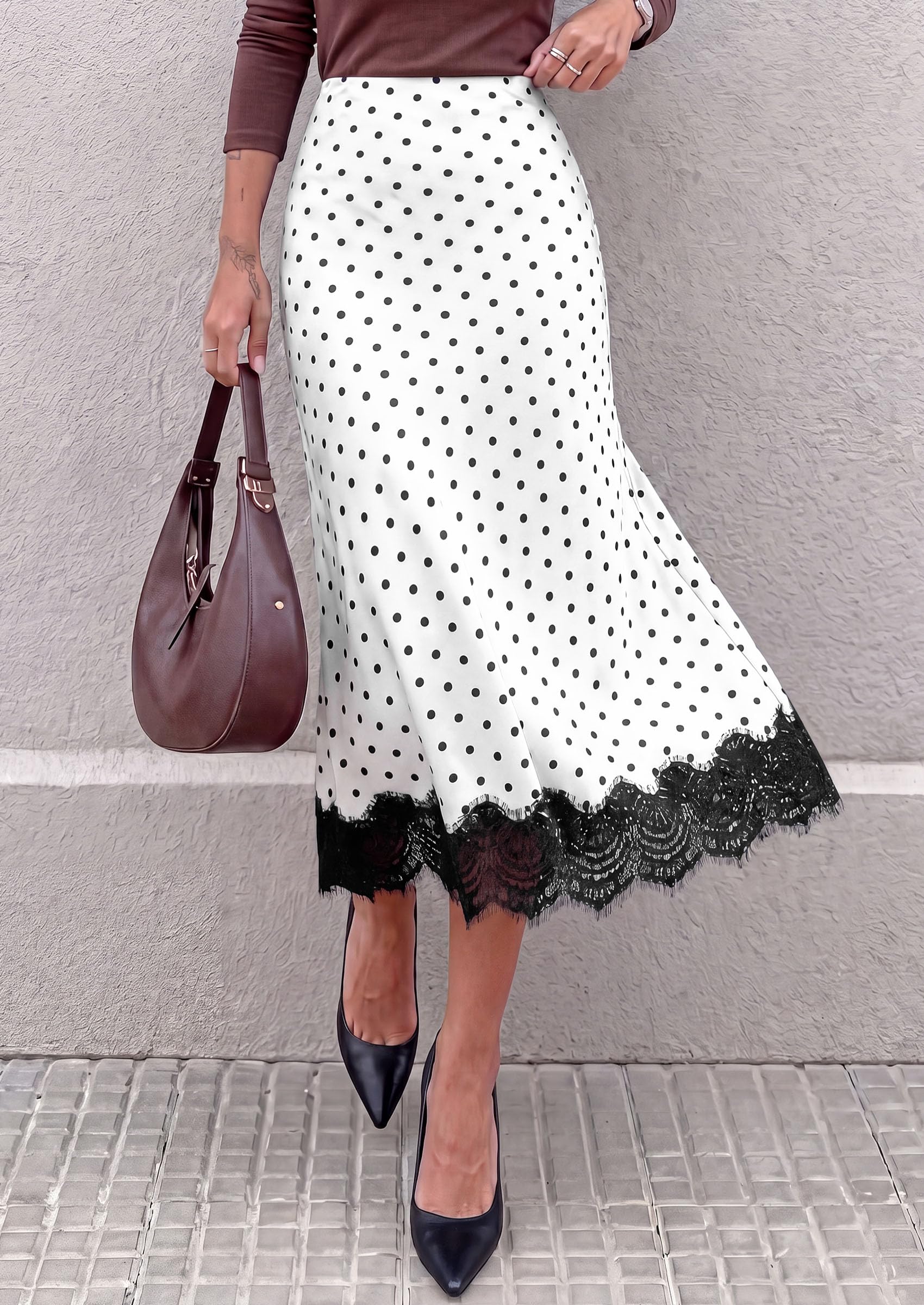 Women's Polka Dot Satin Skirt Fall Flowy Midi Leopard Skirts