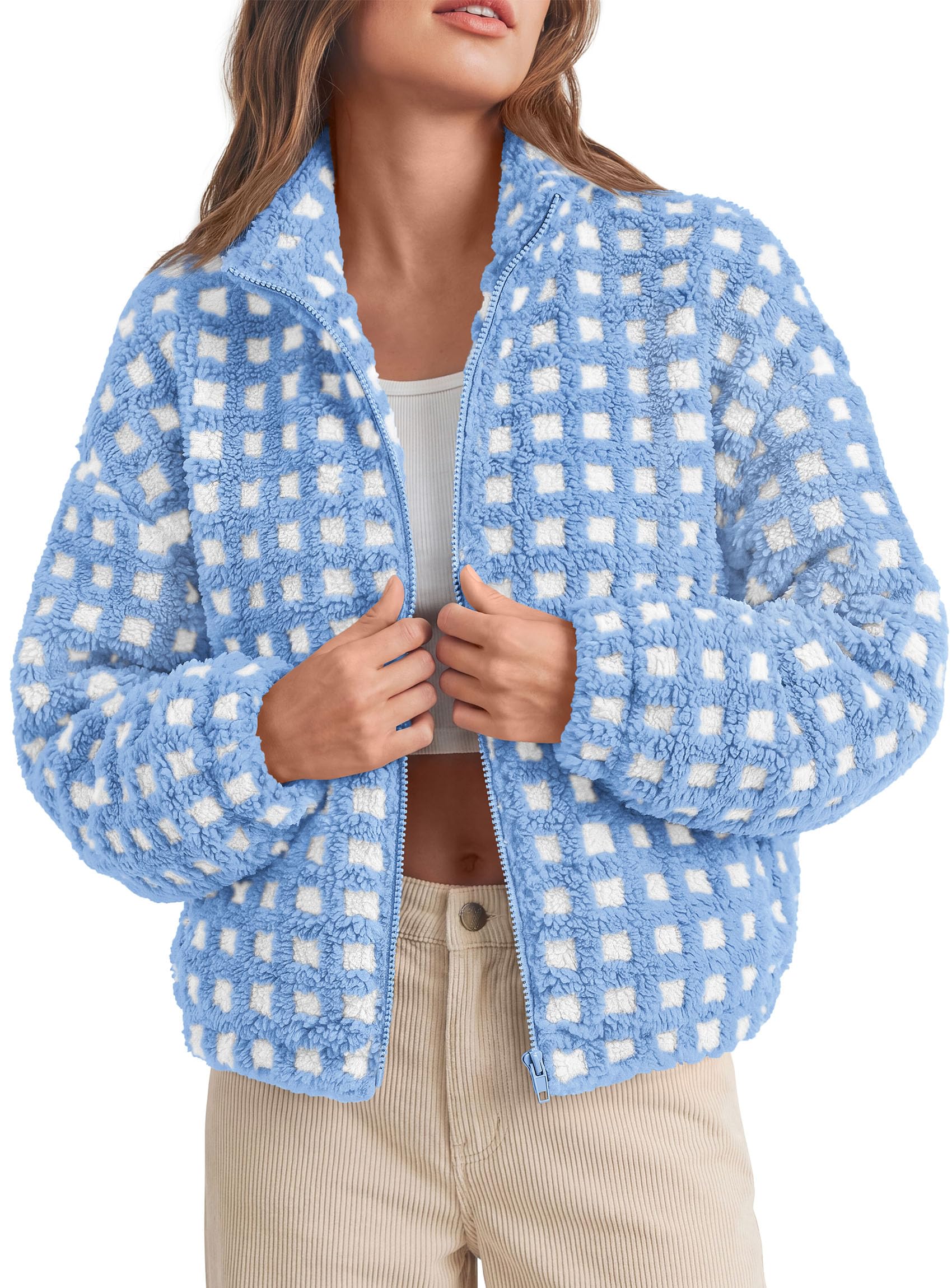 Women's Gingham Sherpa Fleece Jacket Plaid Cropped Teddy Coat