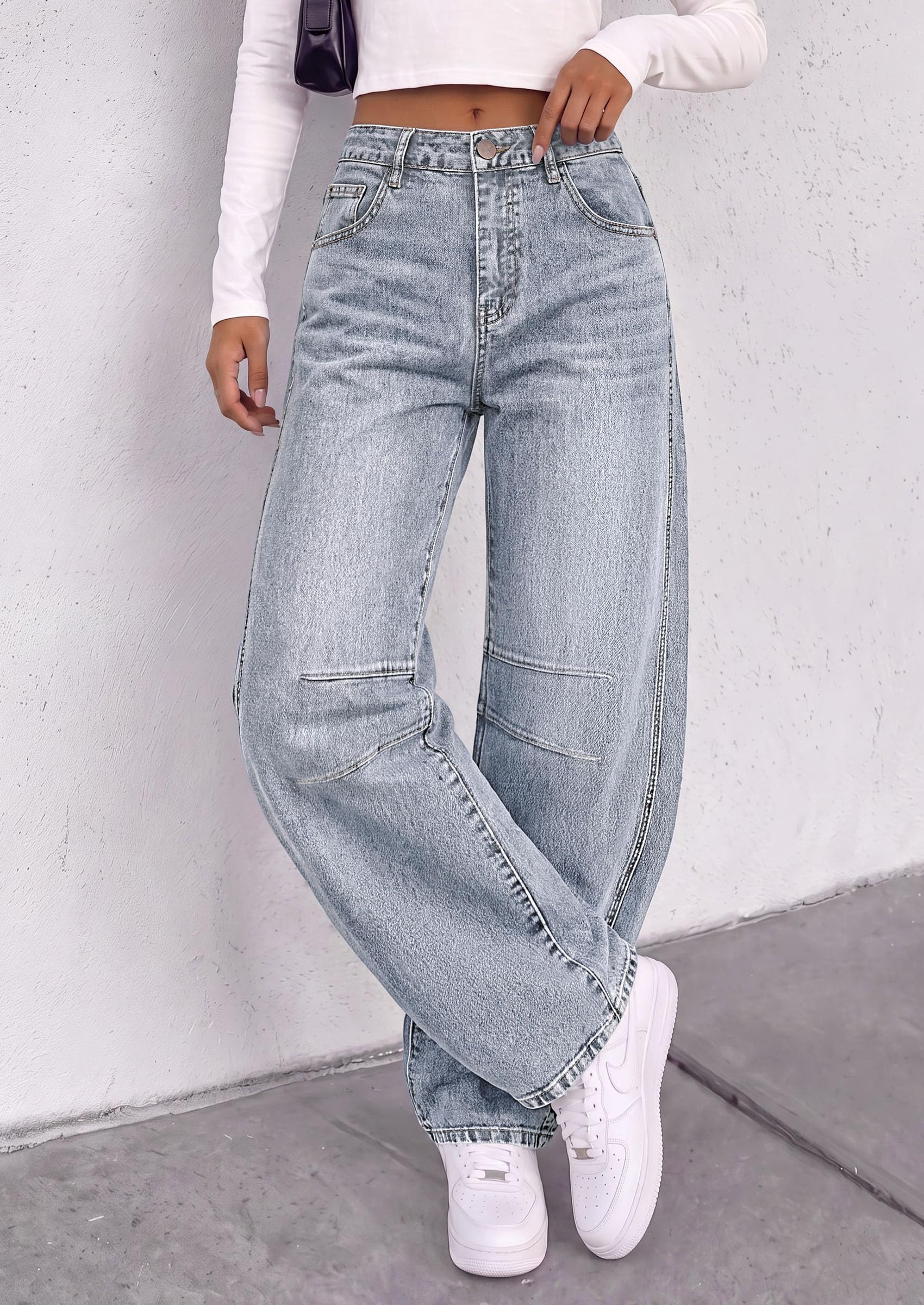Women's Barrel Baggy Jeans High Waisted Pants (Light Blue,4)