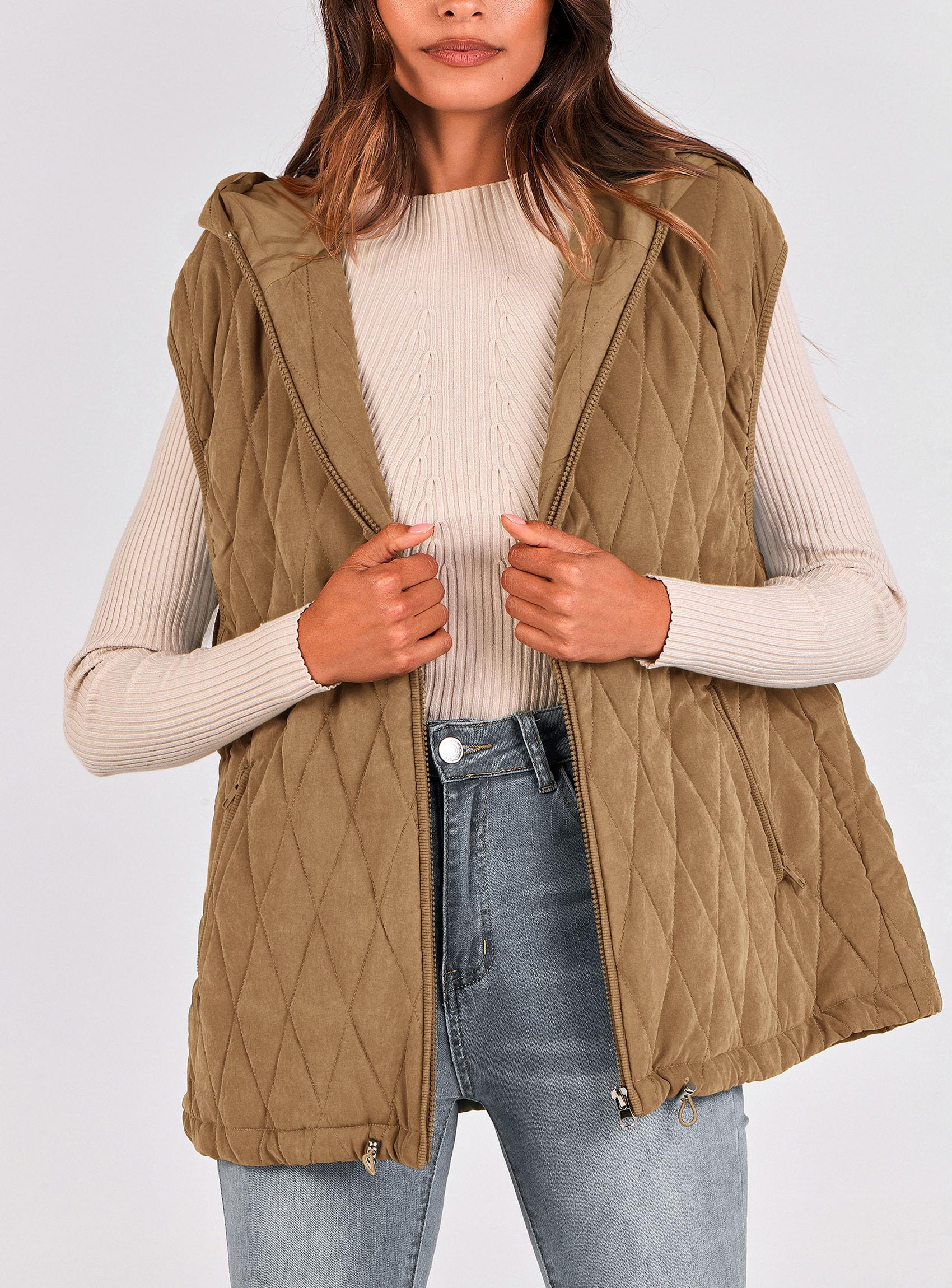 Women's Fall Fashion Vest Zip Up Jacket(Camel,Large)