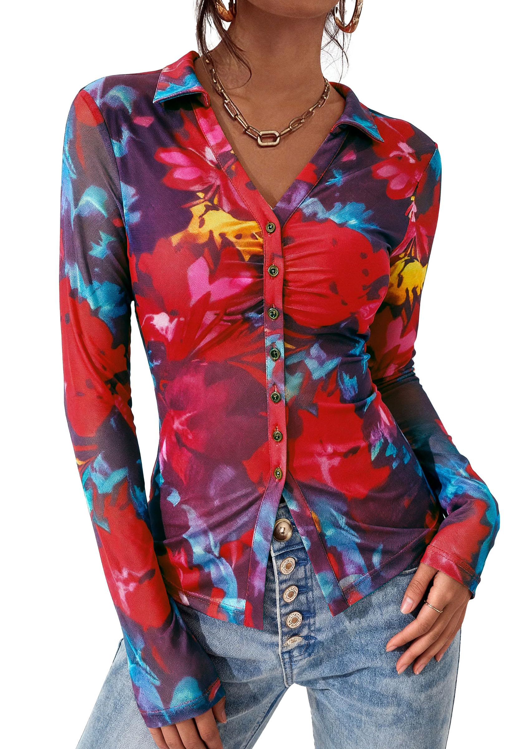 Women's Button Down Shirts Boho Mesh Floral Going Out Tops