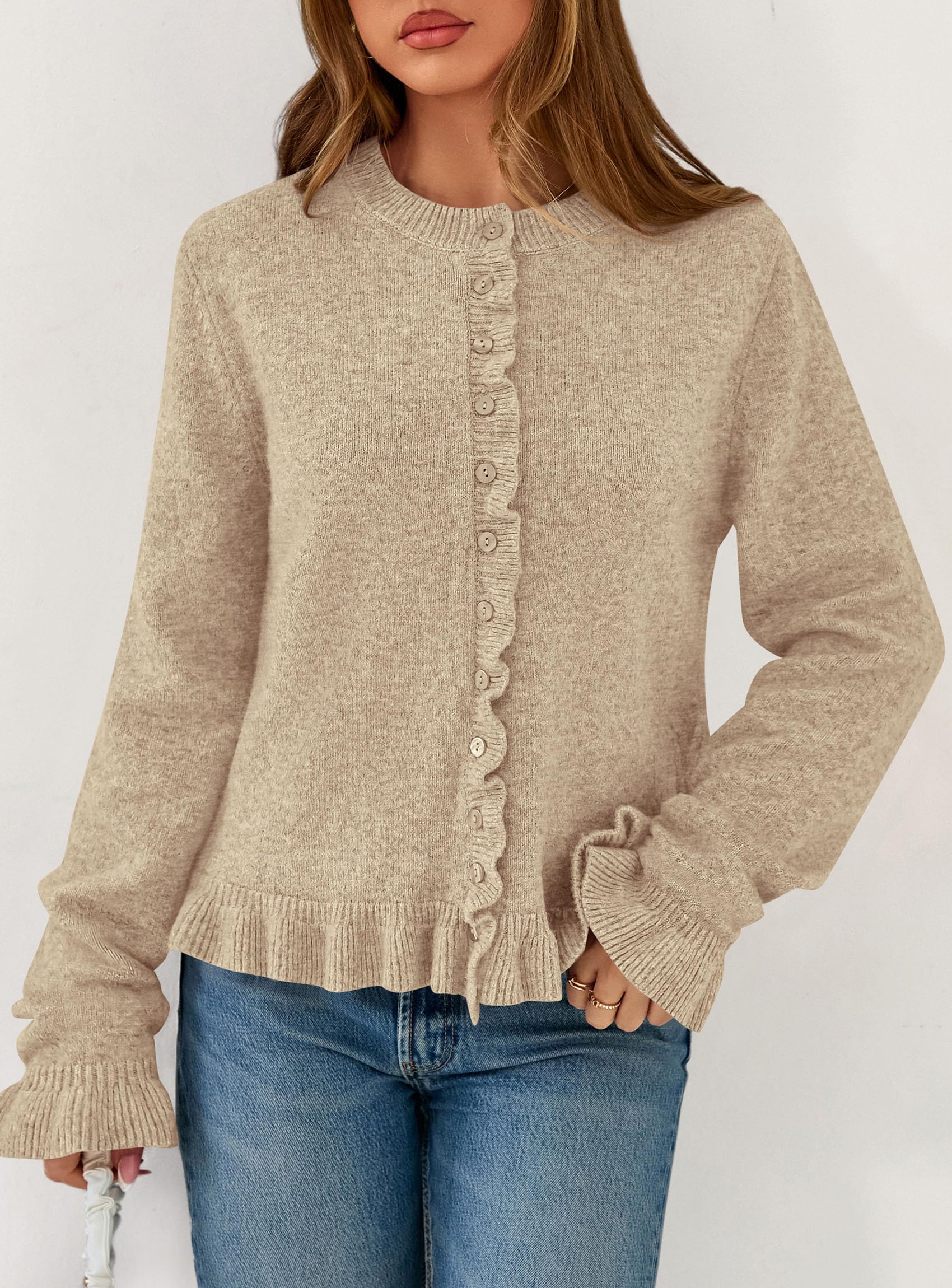 Womens Ruffle Button Down Cardigan Sweaters,Khaki,L