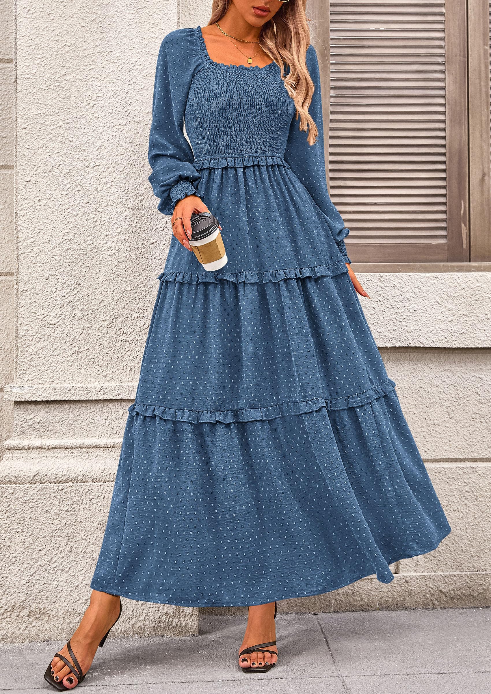 Women's Smocked Long Sleeve Maxi Dress Wedding Guest Dresses