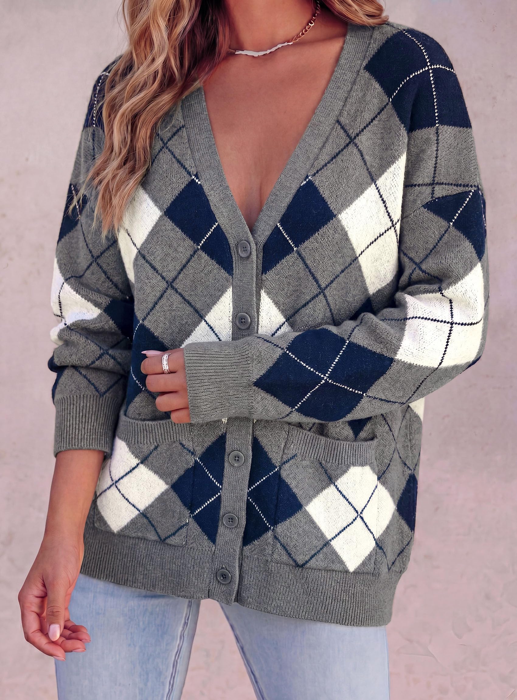 Women's Cardigan Argyle Winter Sweaters (Plaid Grey,L)