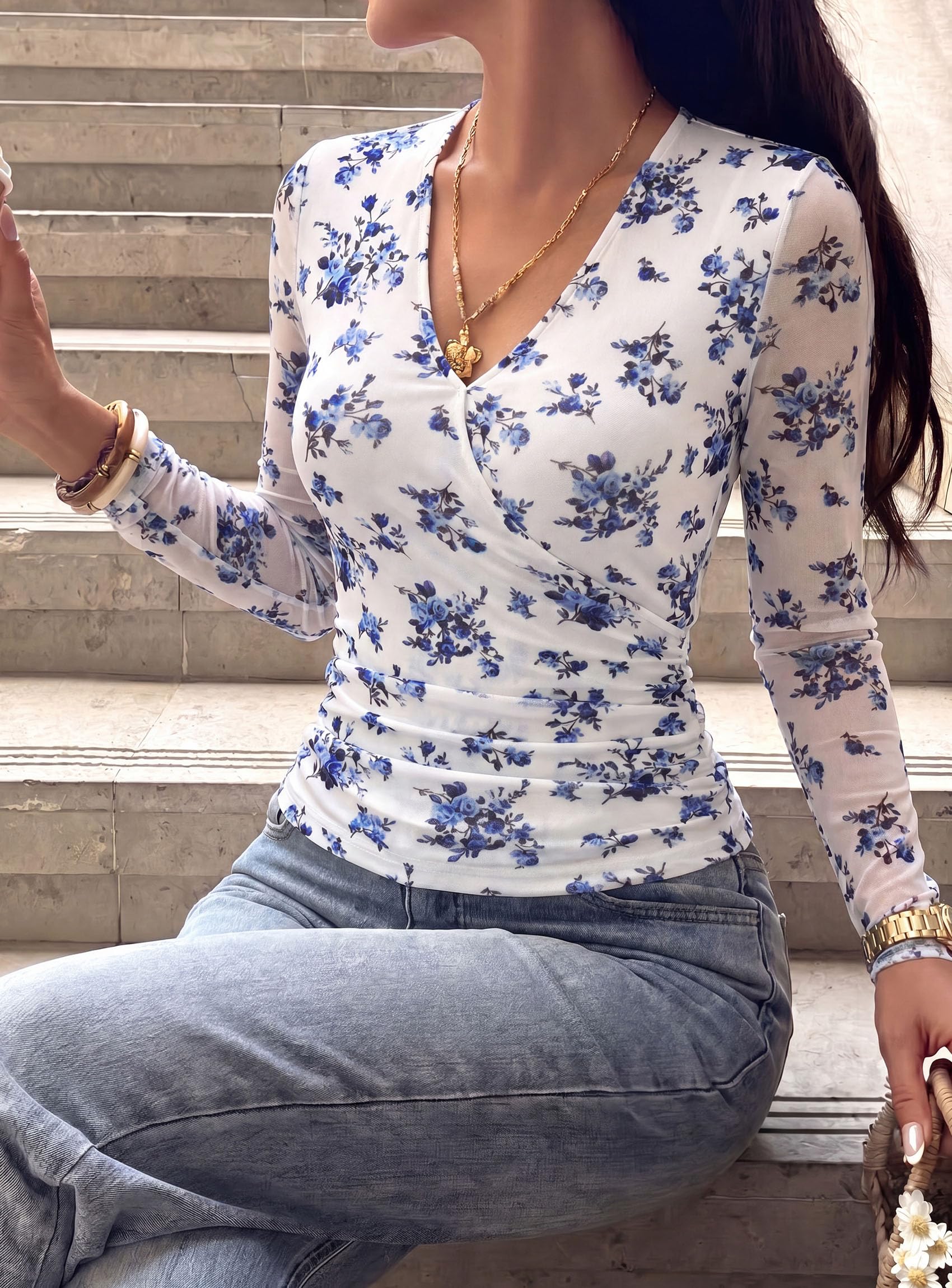 Womens Mesh Wrap Dressy Top Floral V Neck Long Sleeve Shirts