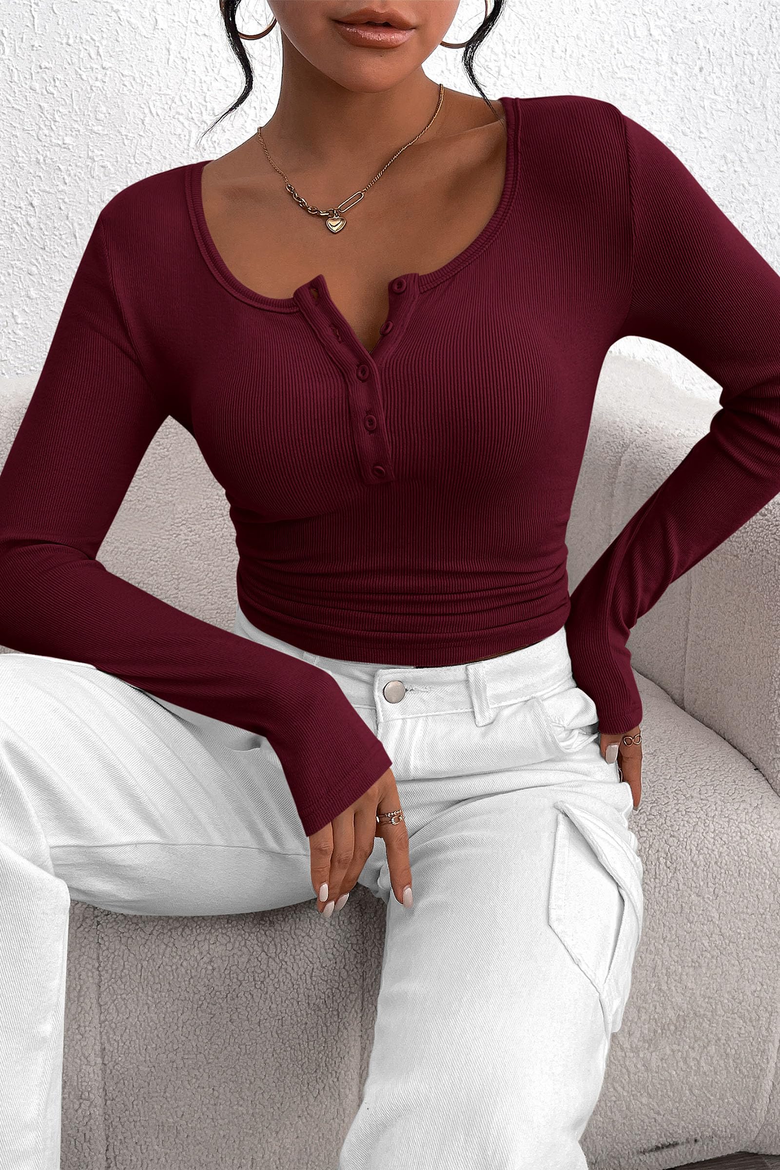 Women's Fall Long Sleeve Henley T Shirts Wine Red