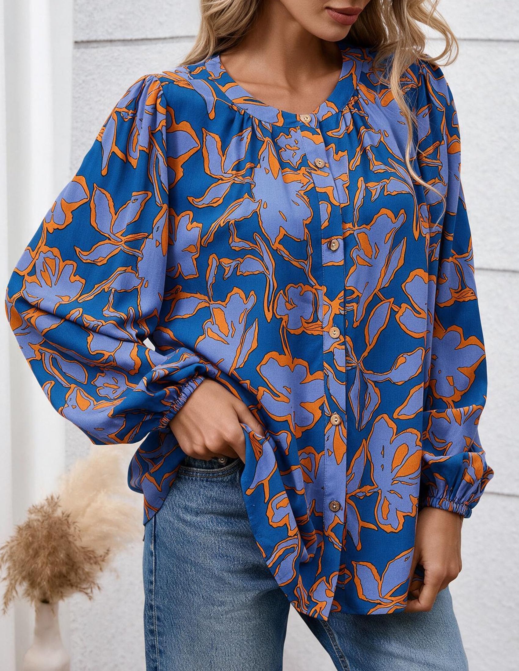 Women's Boho Tops Fall Long Sleeve Button Down Floral Blouses