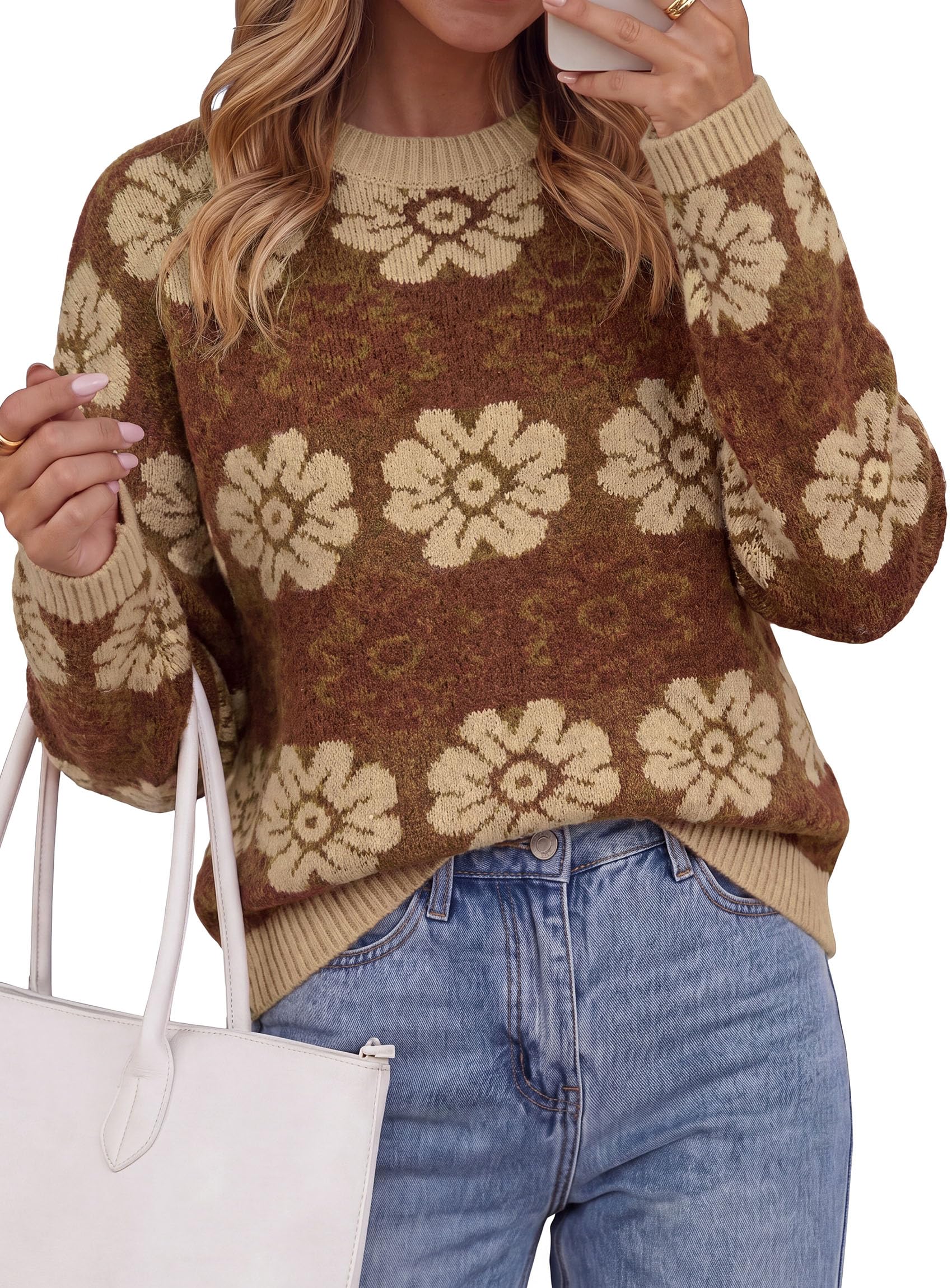 Women's Floral Crewneck Sweater Knit Pullover,Brown,S
