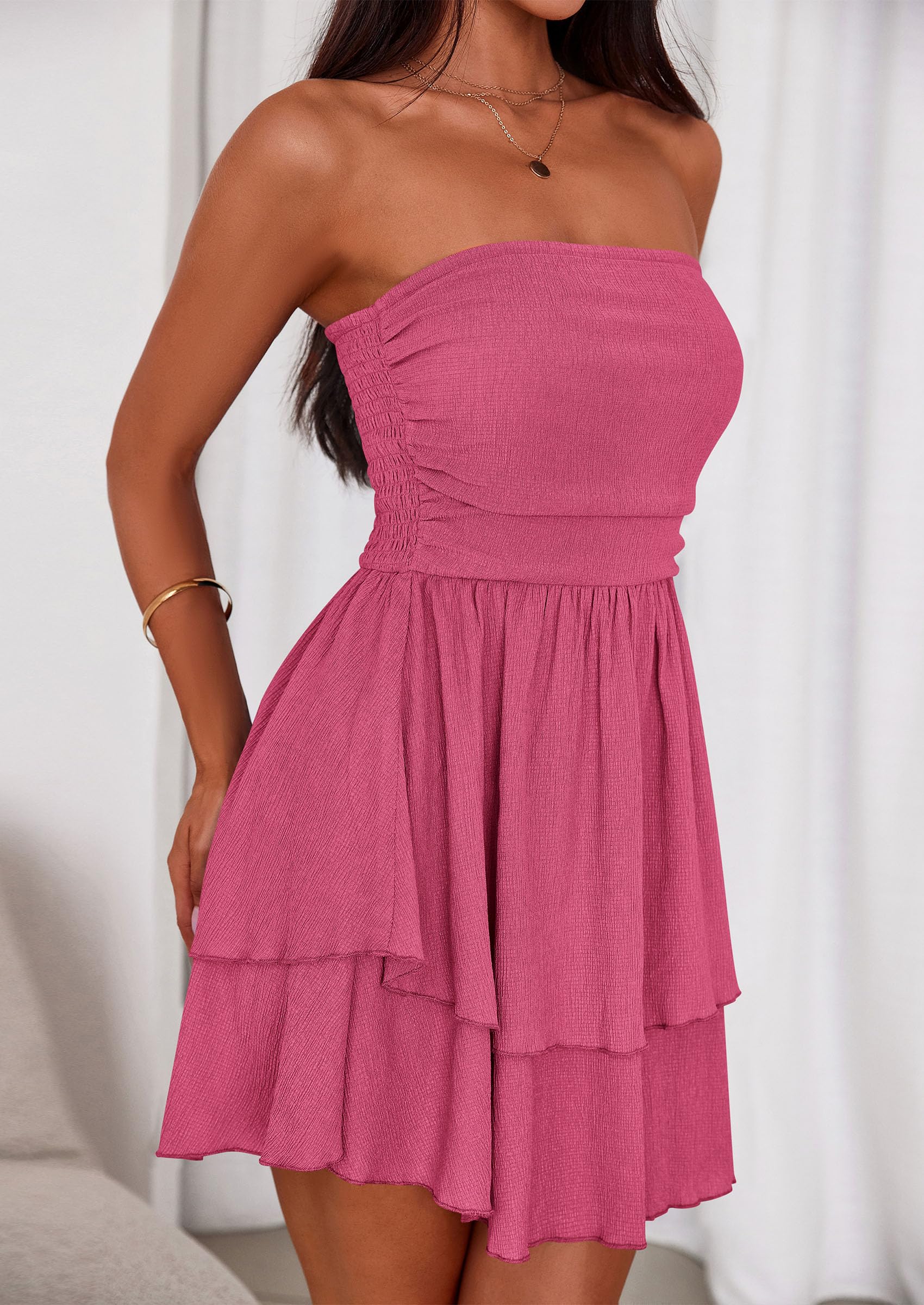 Women's Summer Strapless Flowy Mini Dresses (Rose Red,S)