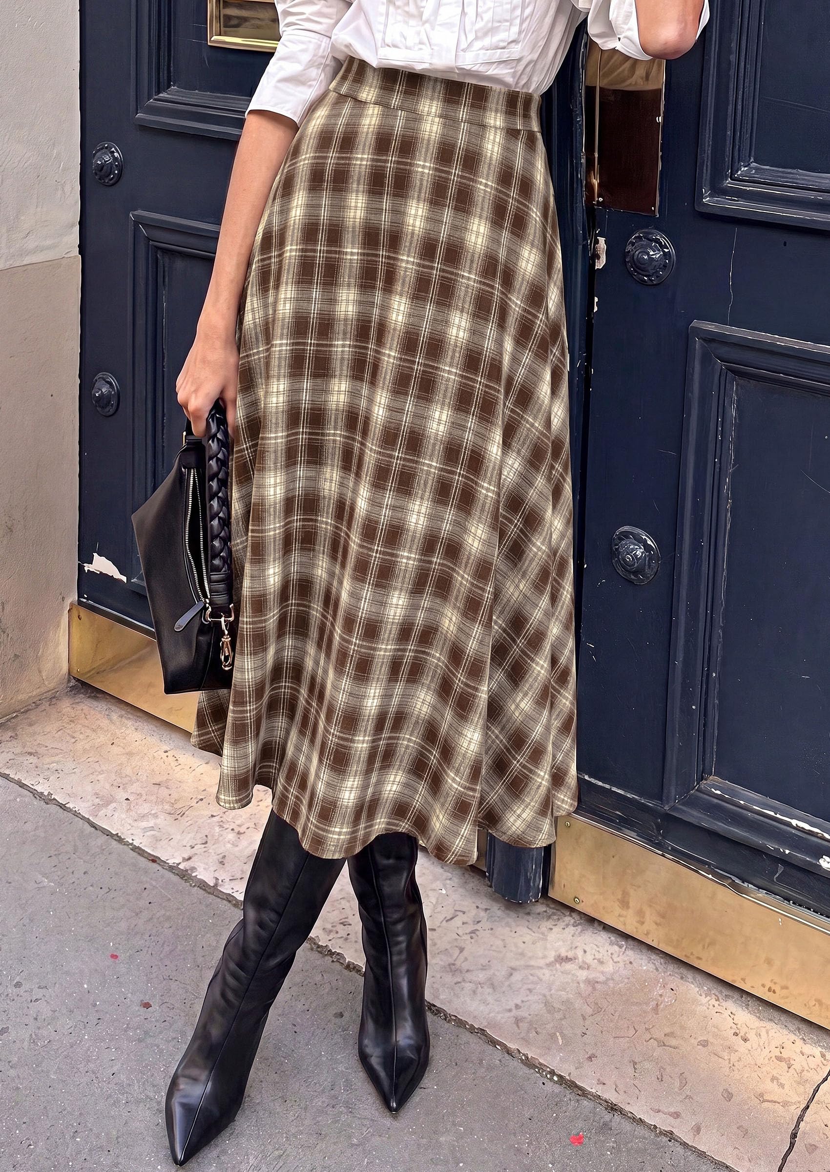 Women's Plaid High Waisted A-Line Midi Skirts,Khaki,S
