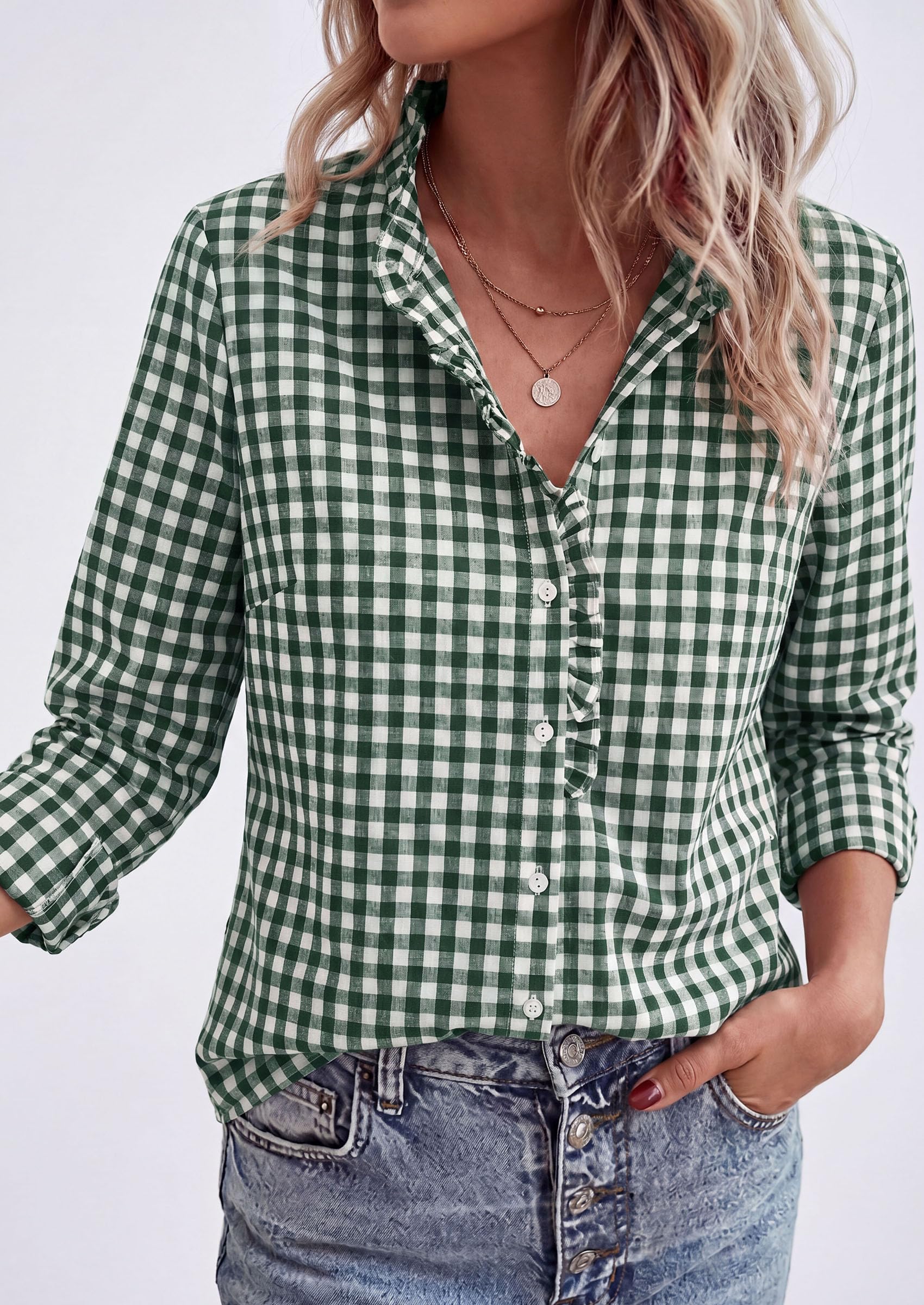 Womens Long Sleeve Button Down Shirts,Dark Green White,S