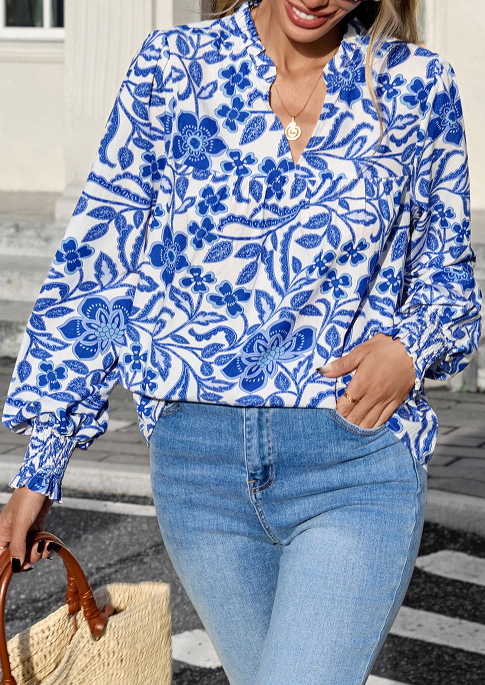 Women's Boho Floral Blouses Dressy Casual Blue,S
