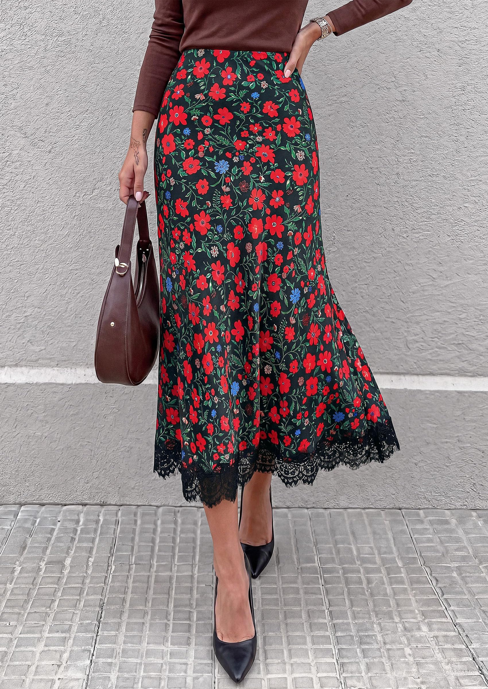 Women's Polka Dot Satin Skirt Fall Flowy Midi Leopard Skirts