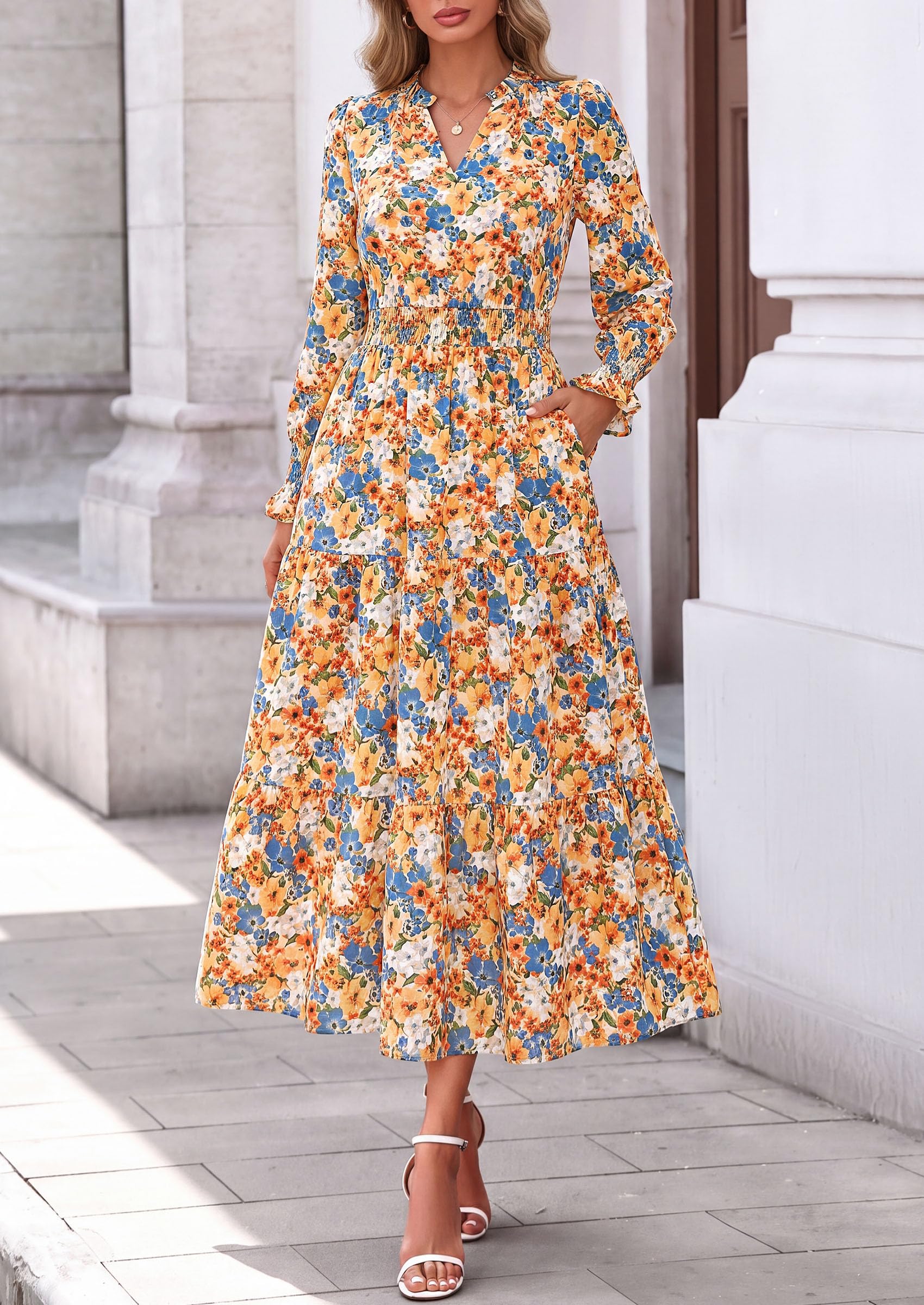 Women's Floral Maxi Dress Fall A Line Wedding Guest Dresses