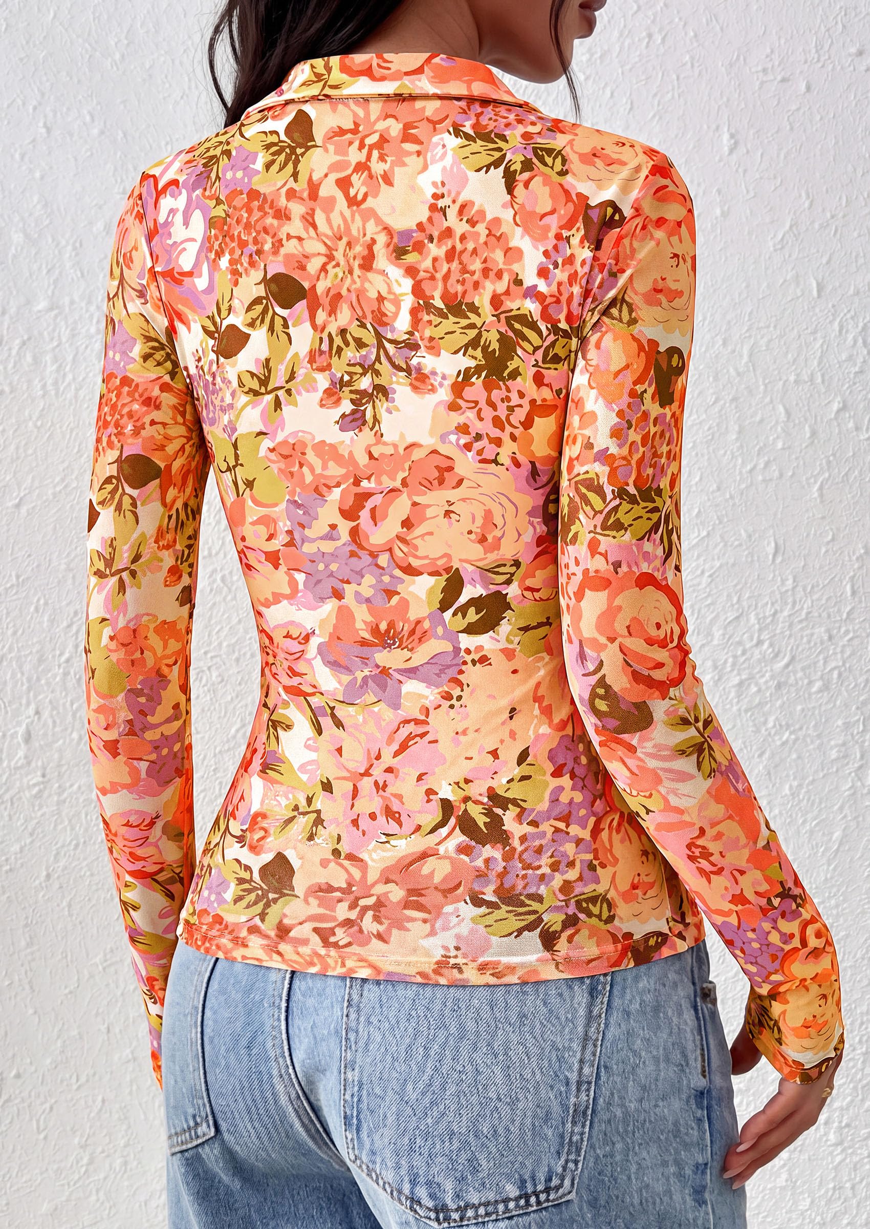 Women's Long Sleeve Boho Floral Mesh Tops Fall V Neck Blouses