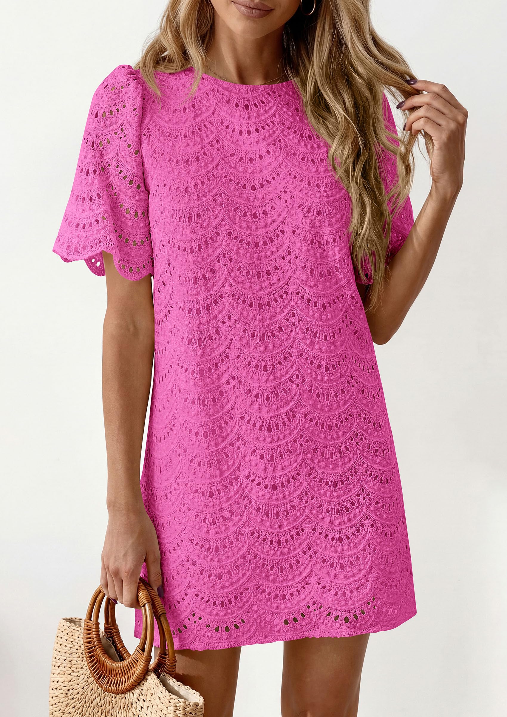 Women's Summer Eyelet Lace Short Dress (Rose Red,S)