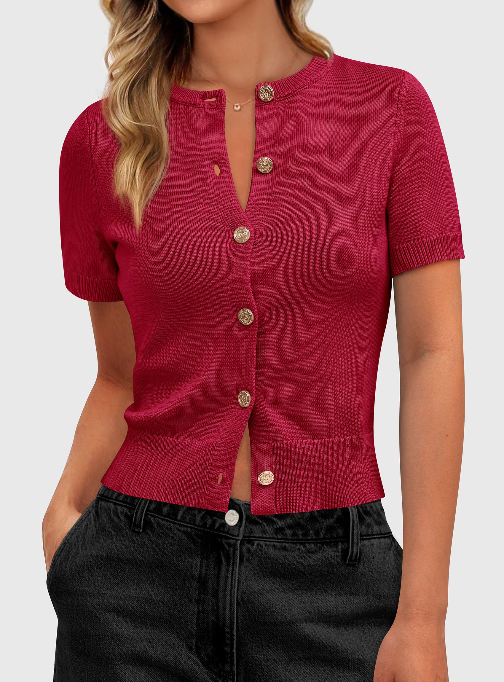 Womens Summer Cardigan Short Sleeve Sweater,Red,S