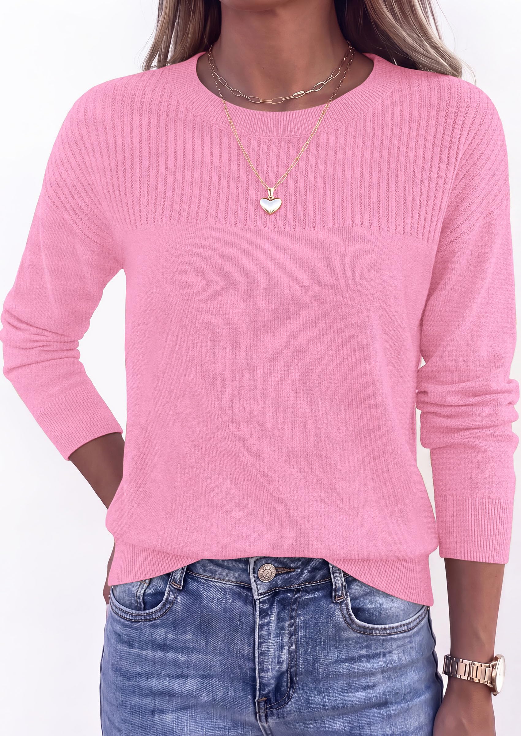 Sweaters for Women Fall Crewneck Knit Cropped Sweater Pink